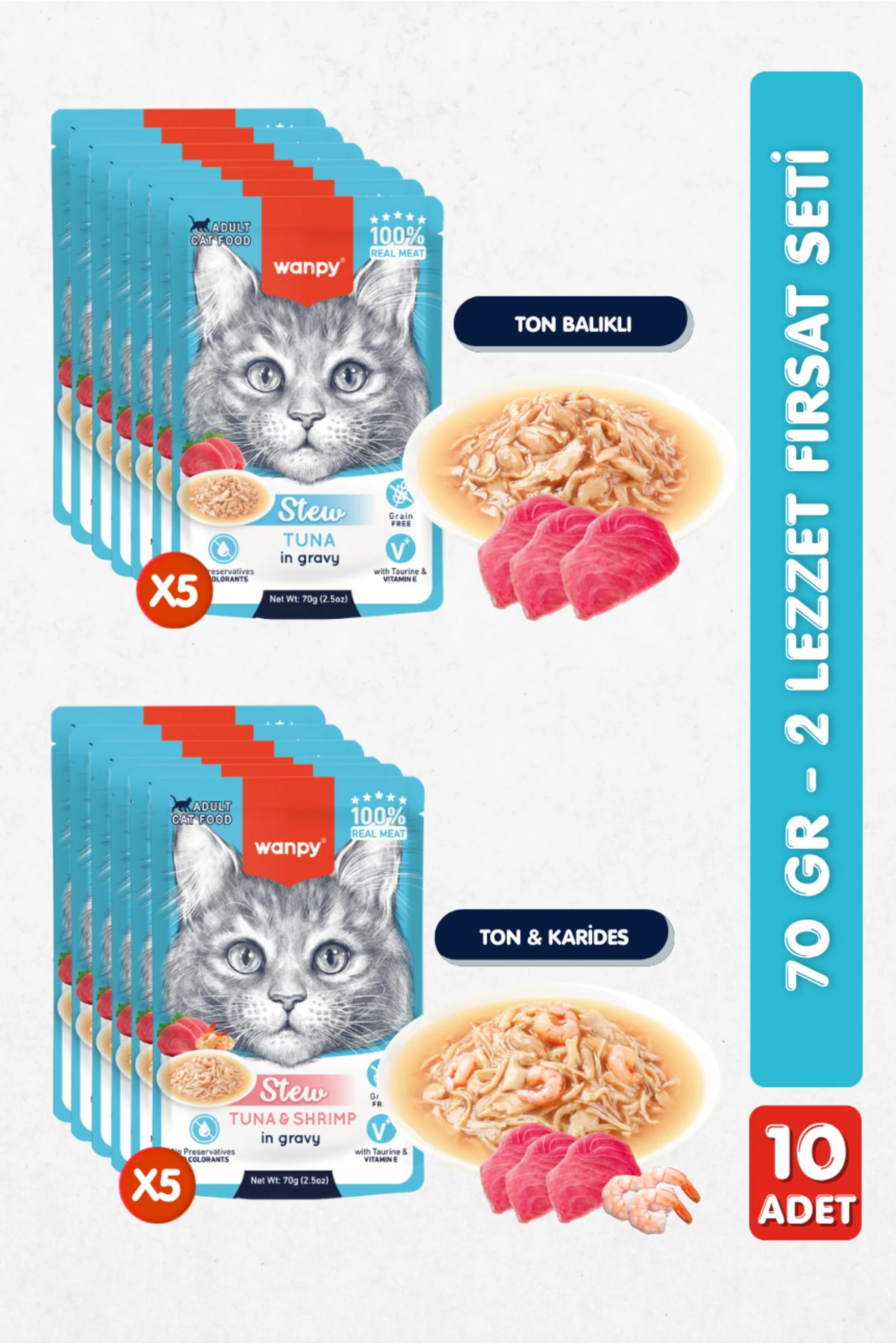 10lu Karışık Yetişkin Kedi Yaş Maması 2 Lezzet Ton Balık Karides Premium Kalite 12 x 70 gr