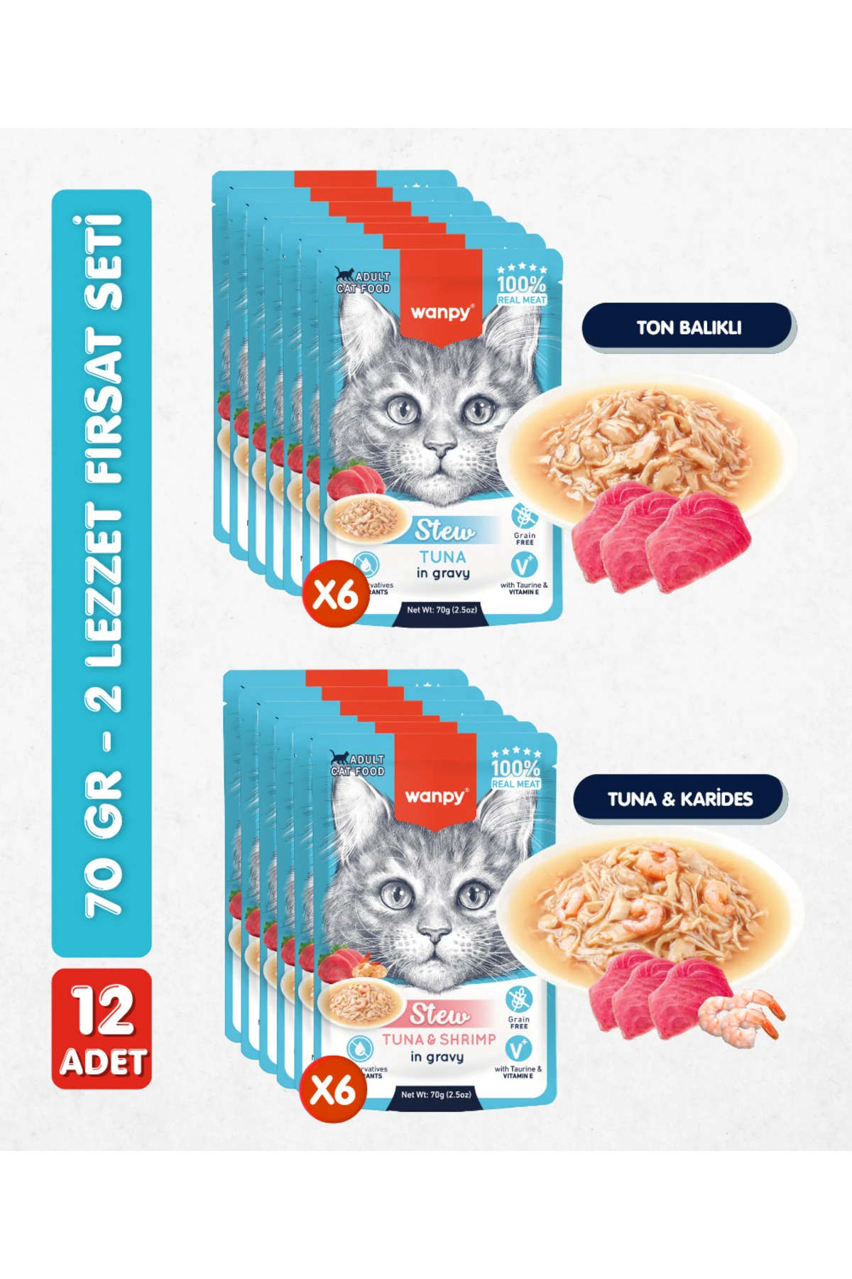 12li Karışık Yetişkin Kedi Yaş Maması 2 Lezzet Ton Balık Karides Premium Kalite 12 x 70 gr