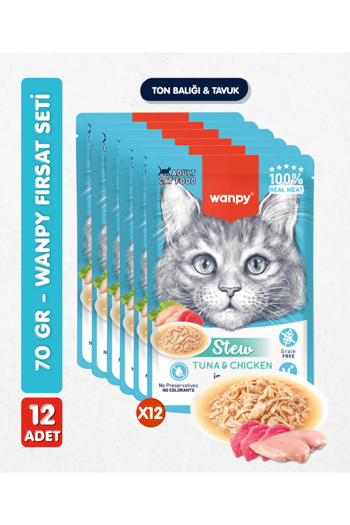 12li Yetişkin Kedi Yaş Maması Ton Balıklı & Tavuklu Premium Kalite 12 x 70 gr