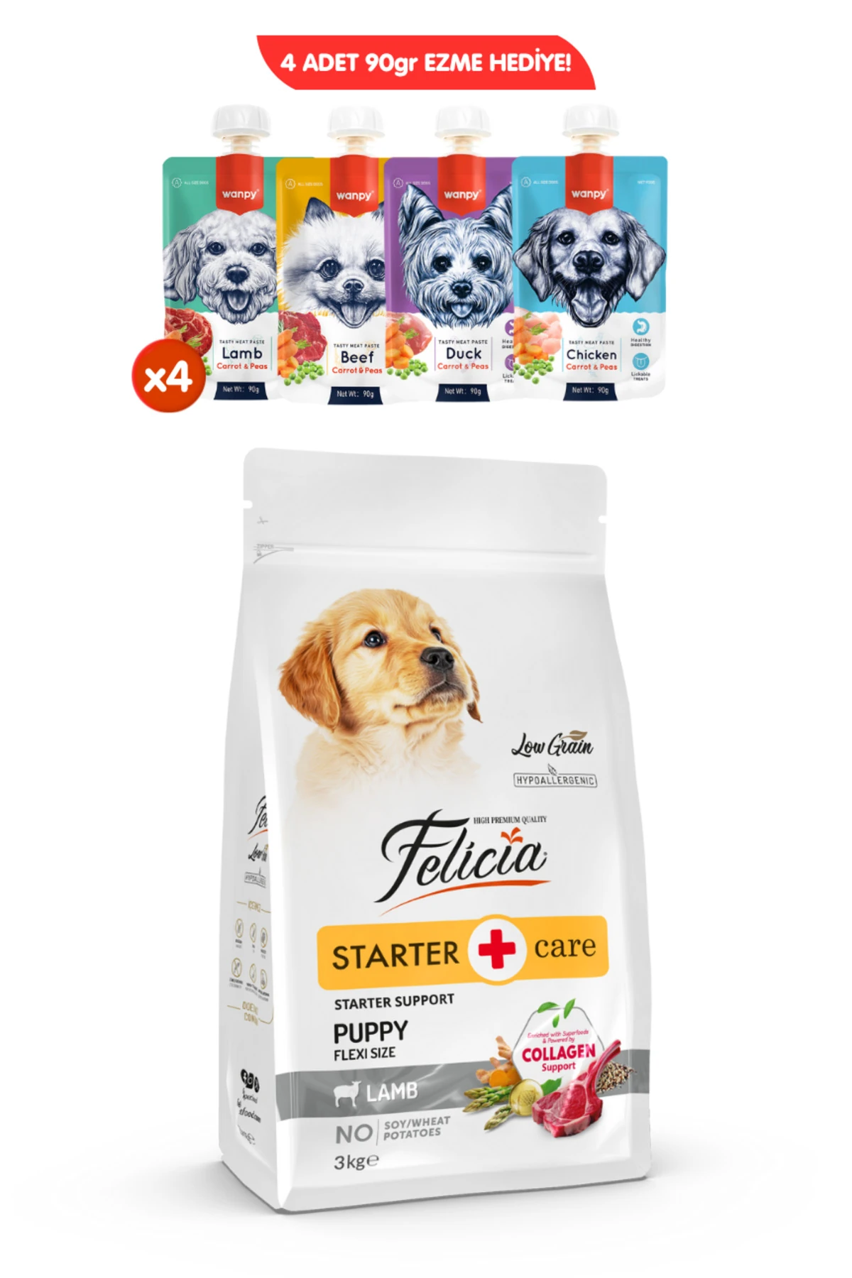 Kolajen Destekli Hipoalerjenik Yavru Kuzulu Köpek Maması 3KG + 4 ADET Wanpy Ezme 90gr