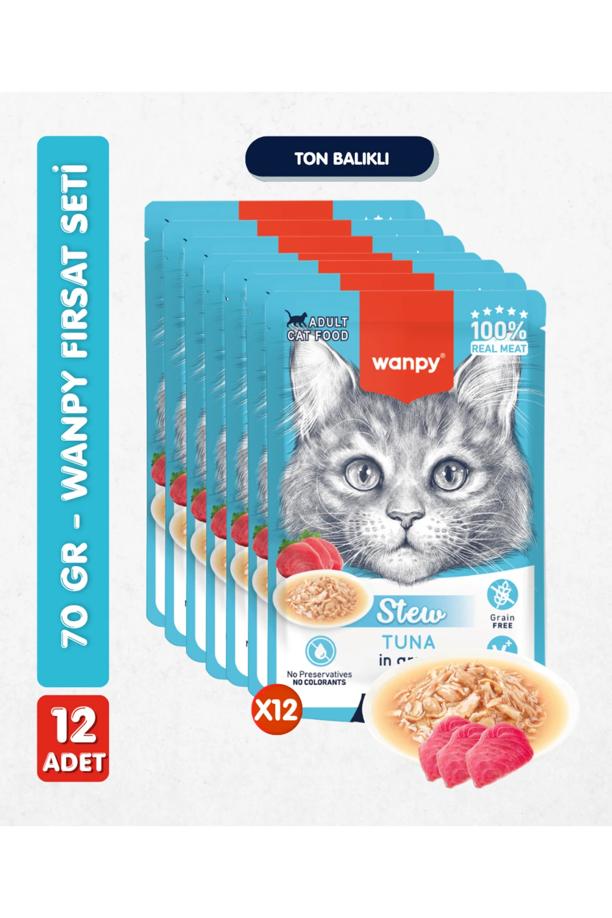 12li Yetişkin Kedi Yaş Maması Ton Balıklı Premium Kalite 12 x 70 gr