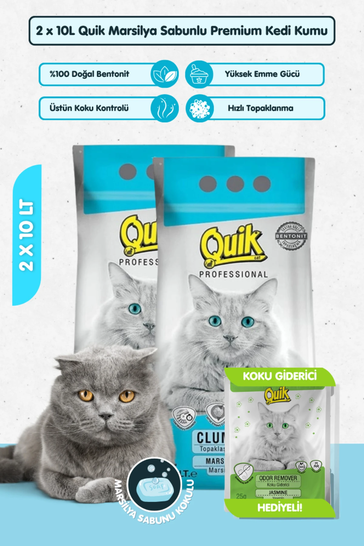 2 Adet 10LT Marsilya Sabunlu Bentonit Topaklaşan Kokusuz Kedi Kumu 10LT x 2 Adet