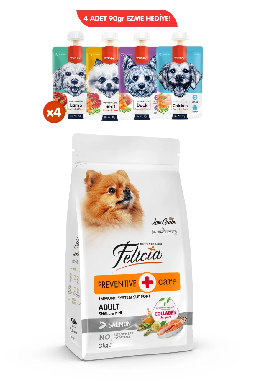 Kolajenli Somonlu Az Tahıllı Small/Mini Yetişkin Köpek Maması /Mini HypoAllergenic Köpek Maması 3Kg + 4 ADET Wanpy Ezme 90gr