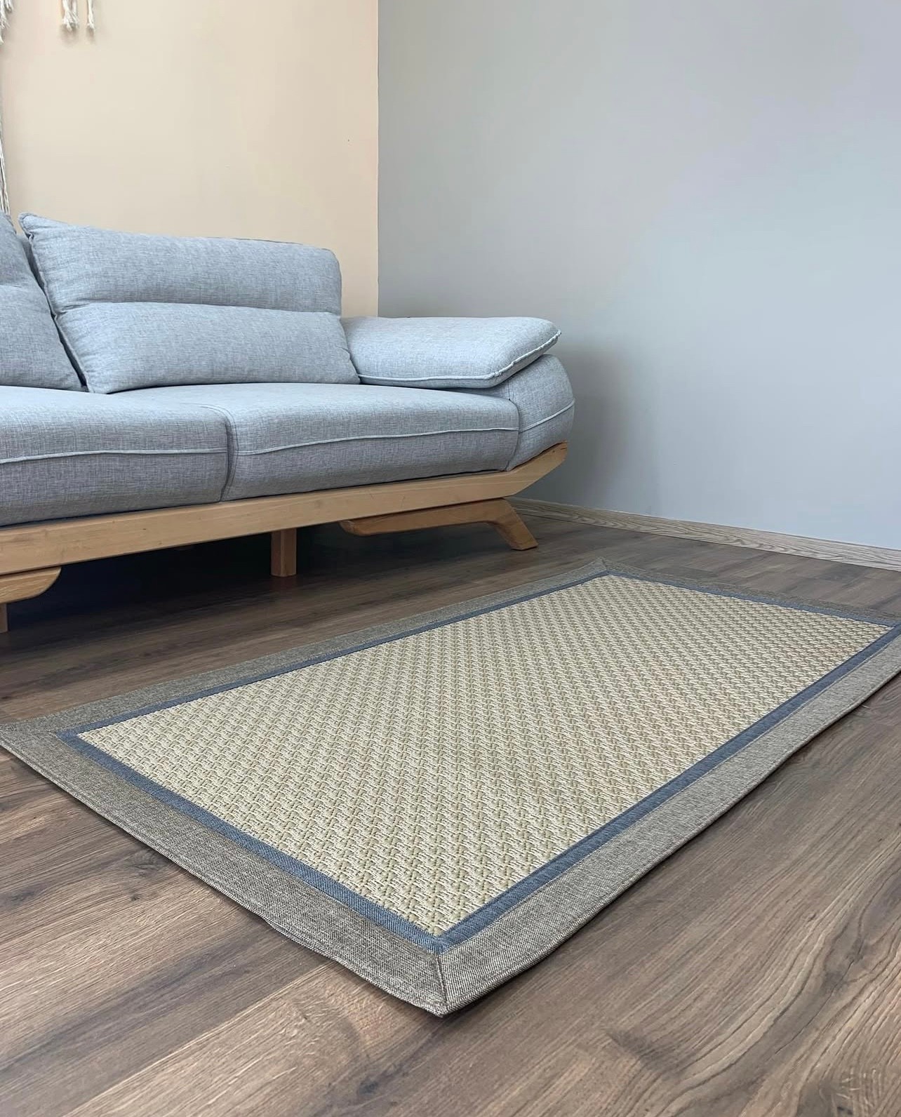 Şölen Halı Yerli Çift Bordür Sisal Halı - 9716 Bej Sisal Bej / Lacivert Keten Bordür