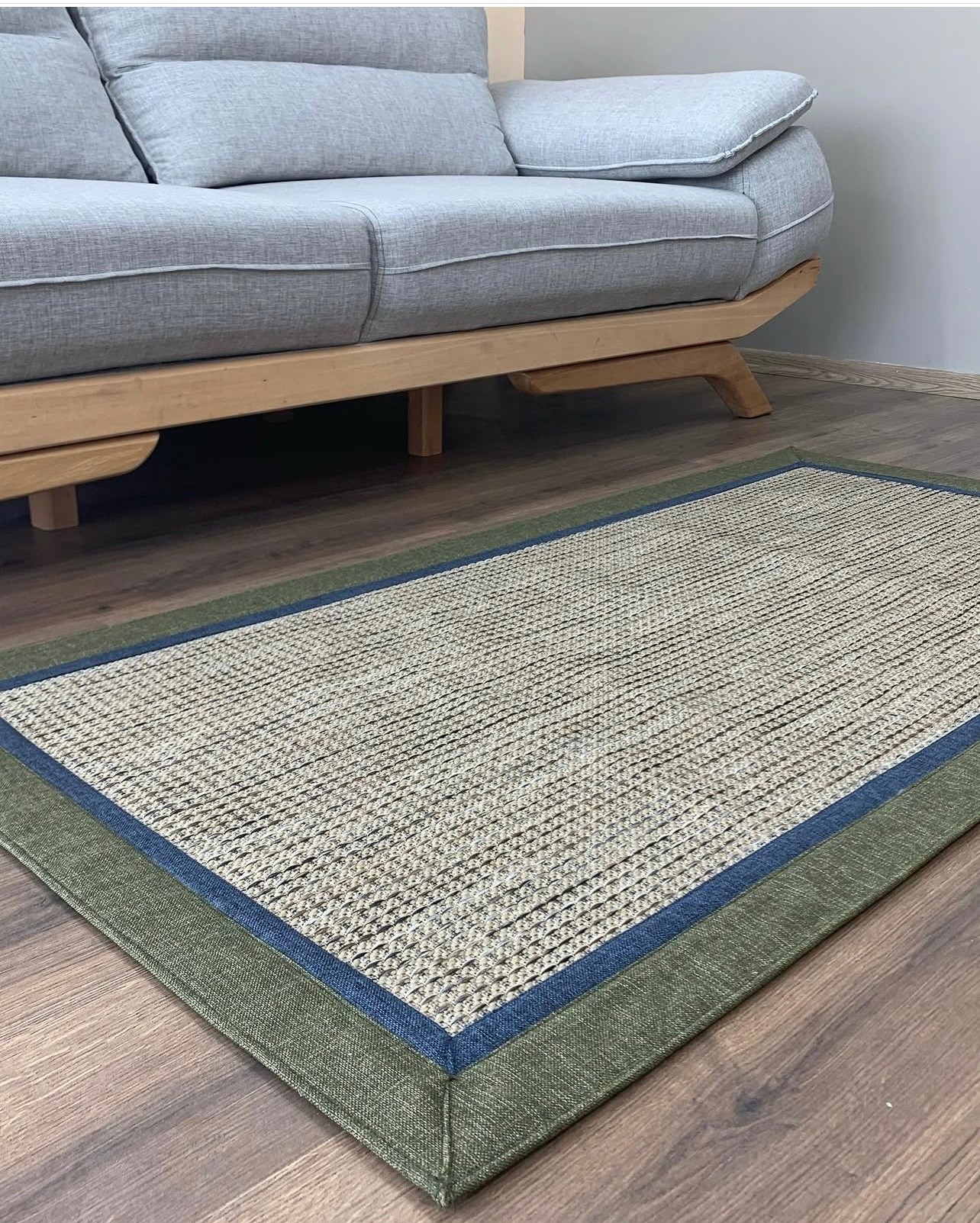 Şölen Halı Yerli Çift Bordür Sisal Halı - 9509 Bej Kahve Sisal Yeşil / Lacivert Keten  Bordür