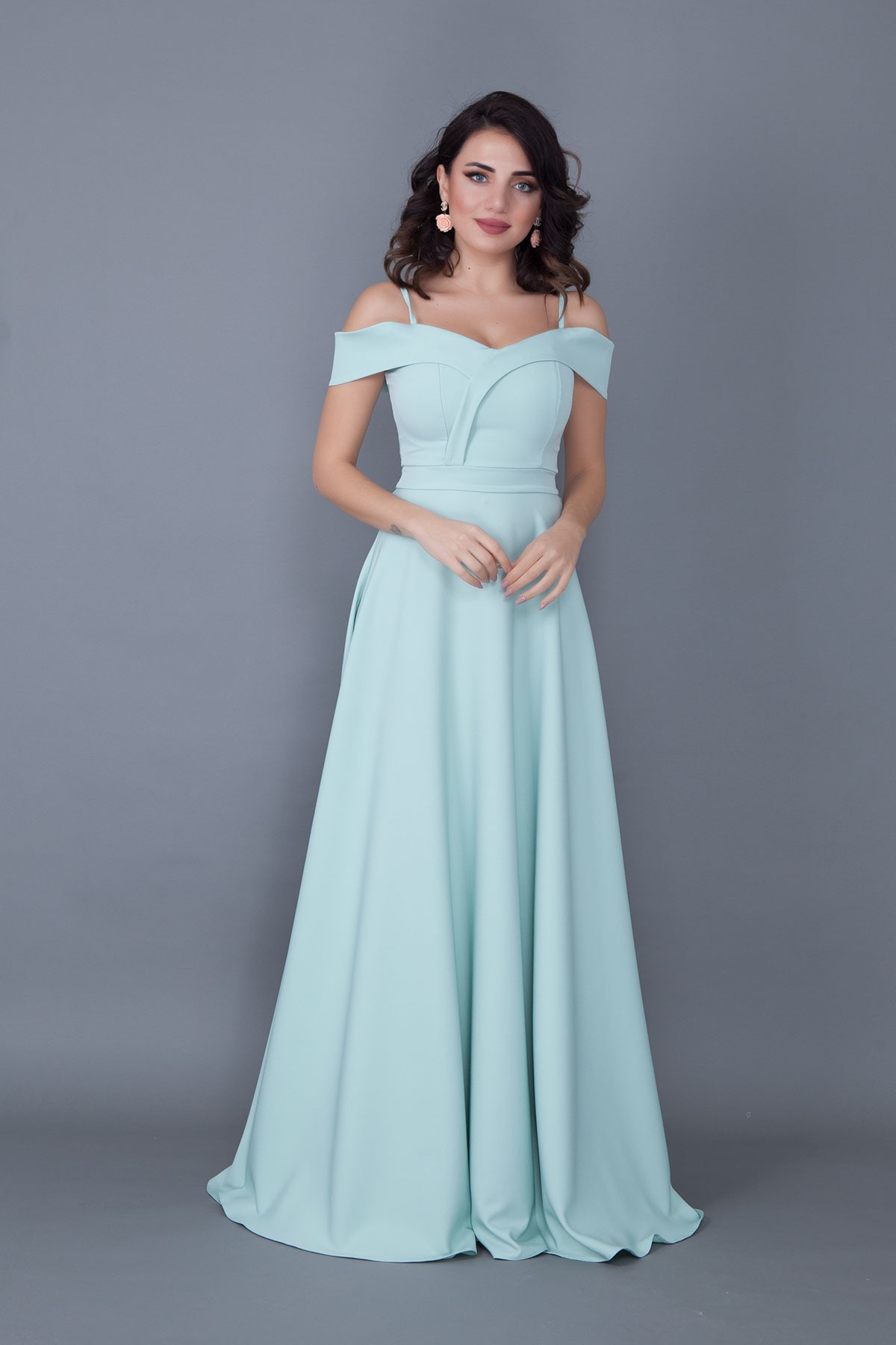 342MAXI - Askılı Düşük Omuz Detay Kloş Maxi Boy Elbise - Mint