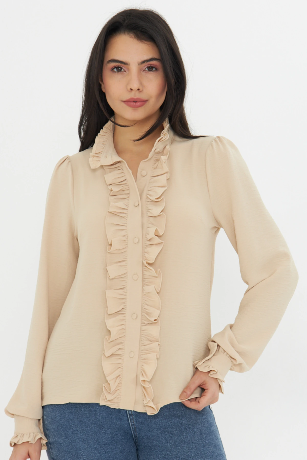 GML05 - Fırfır Detay Hakim Yaka Uzun Kol Gömlek - Krem