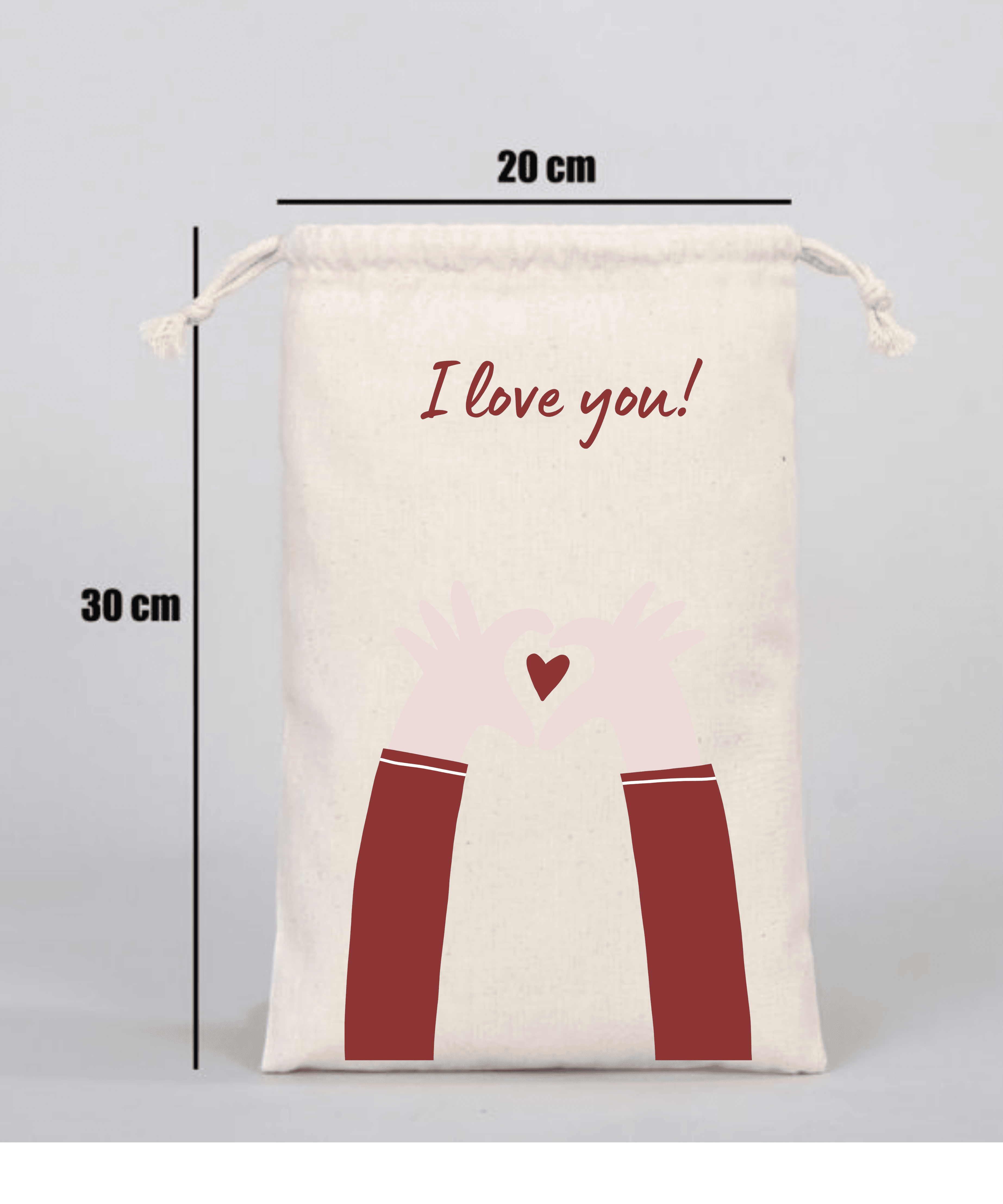 I Love You Kalp Yapan ElYazılı Kalp Motifli Hediyelik Ham Bez Kese (20cmx30cm)