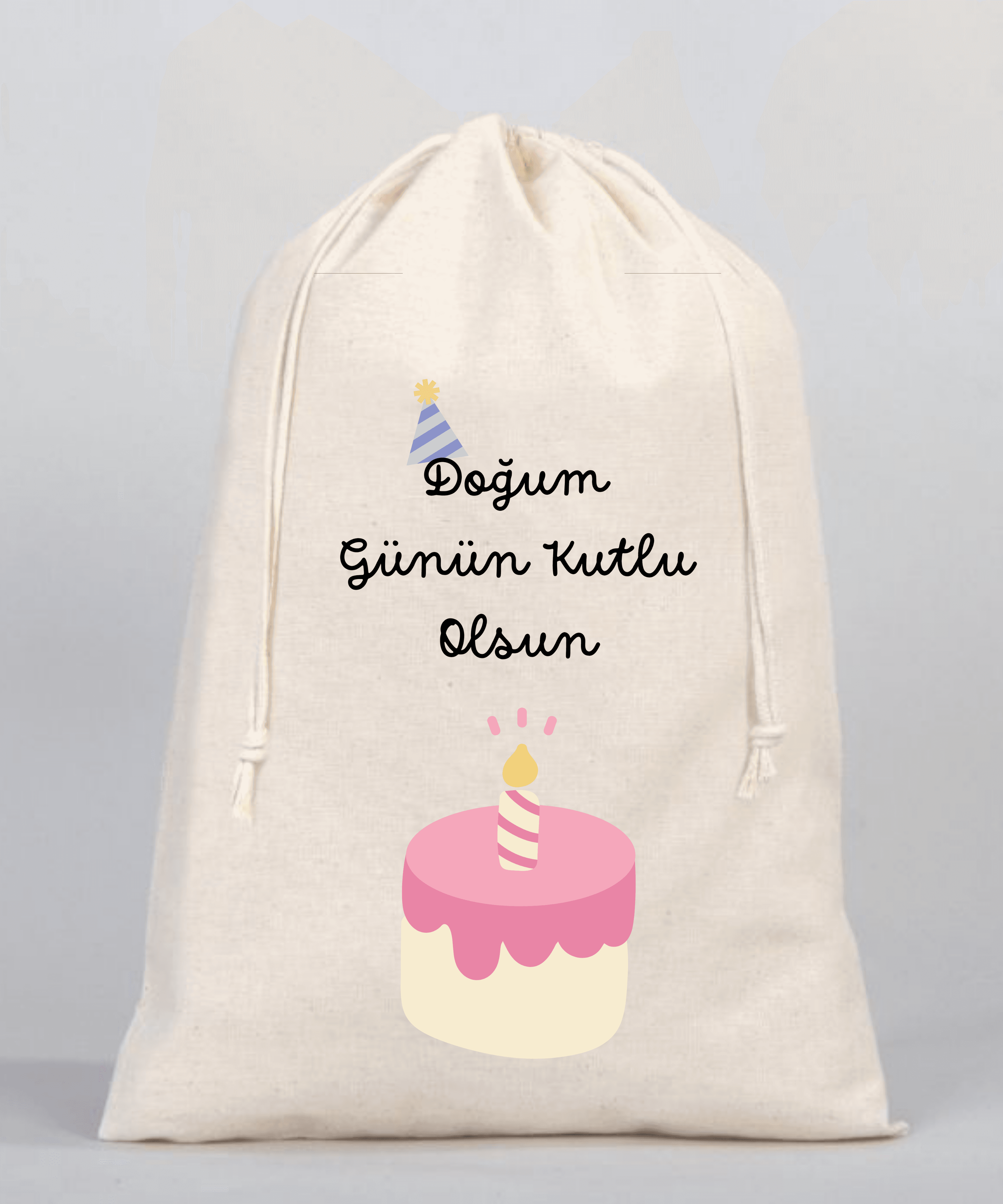 Doğum Günün Kutlu Olsun Yazılı Kalp Motifli Hediyelik Ham Bez Kese (20cmx30cm)