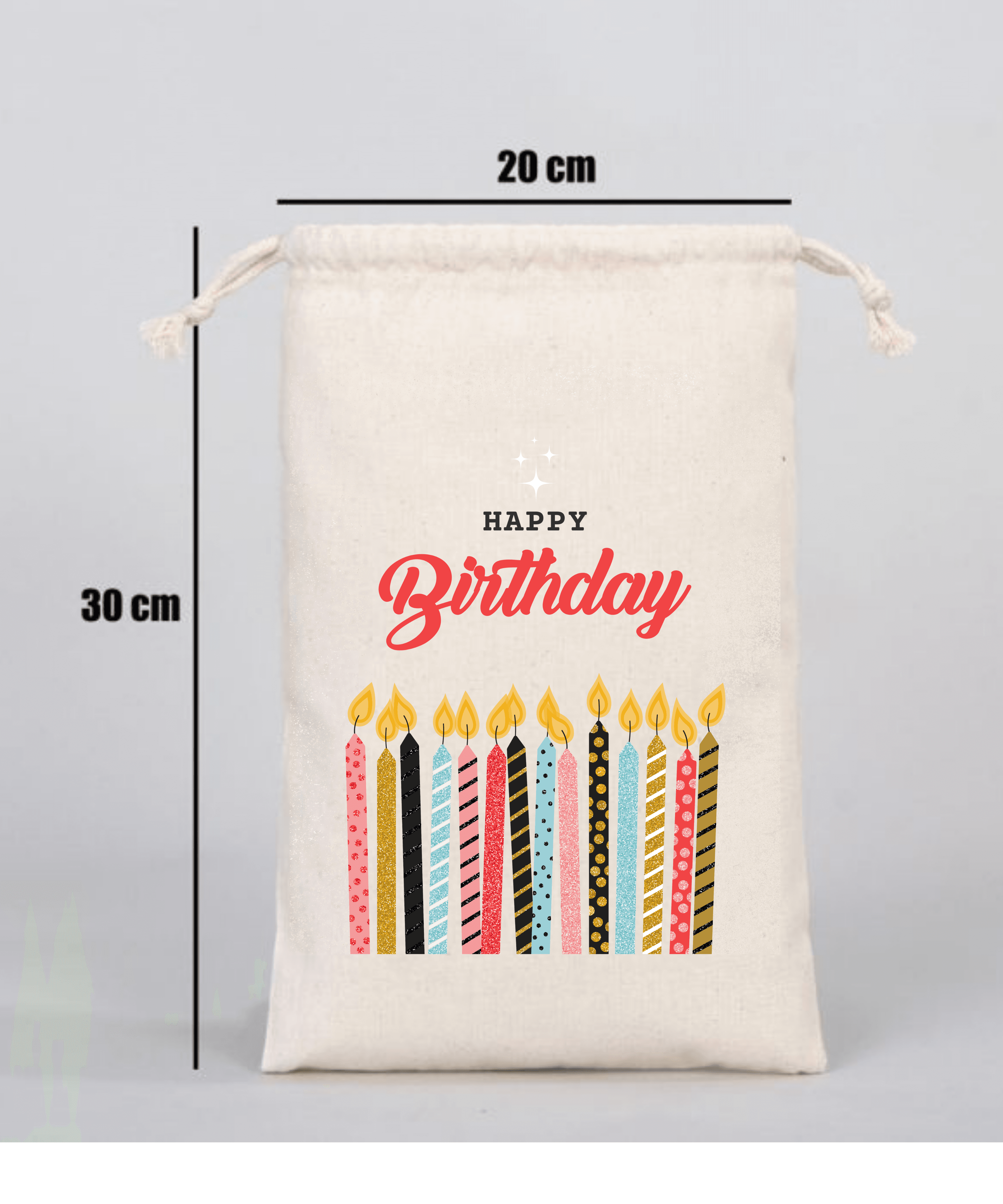 Happy Birthday Yazılı Kalp Motifli Hediyelik Ham Bez Kese (20cmx30cm)