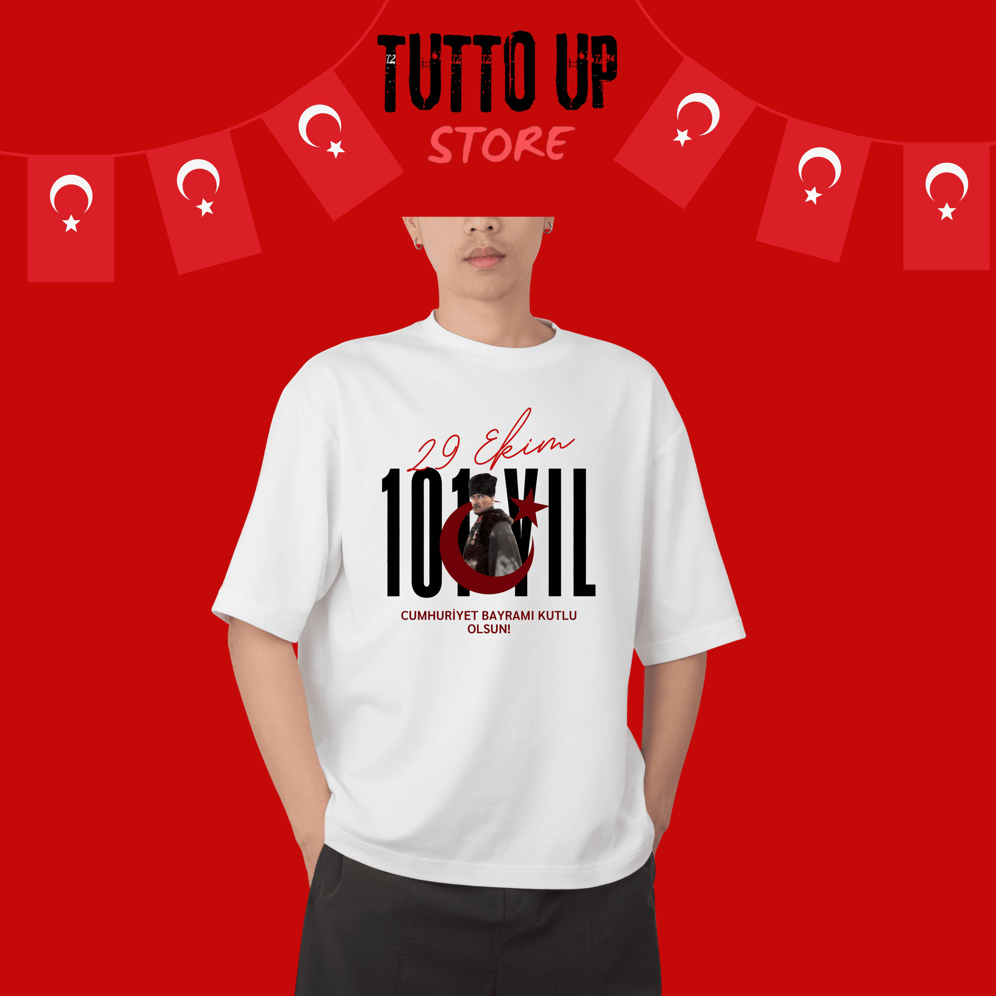 29 Ekim Atatürk Görsel Baskılı Özel Tasarım Oversize T-Shirt