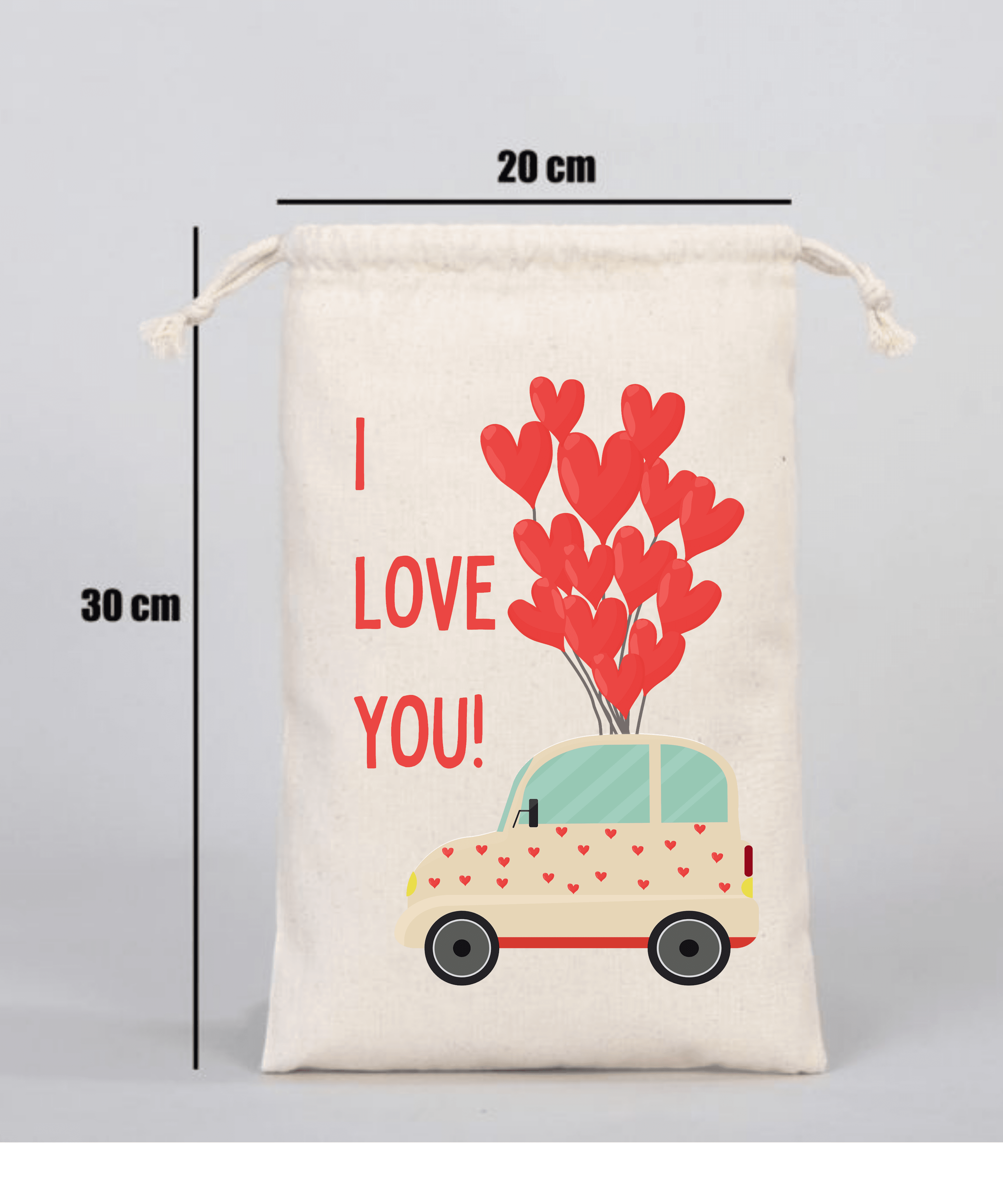 I Love You Yazılı Araba Simgeli Hediyelik Ham Bez Kese (20cmx30cm)