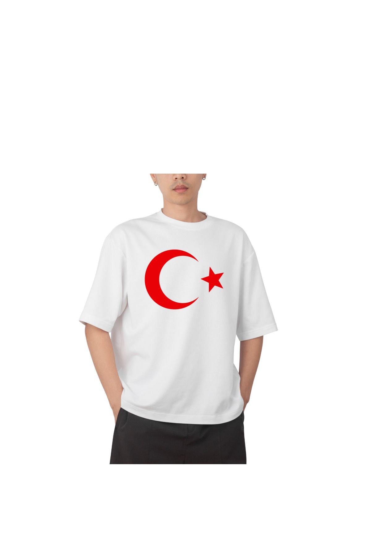 Türk Bayraklı Özel Baskılı Tasarım Oversize Beyaz T-Shirt