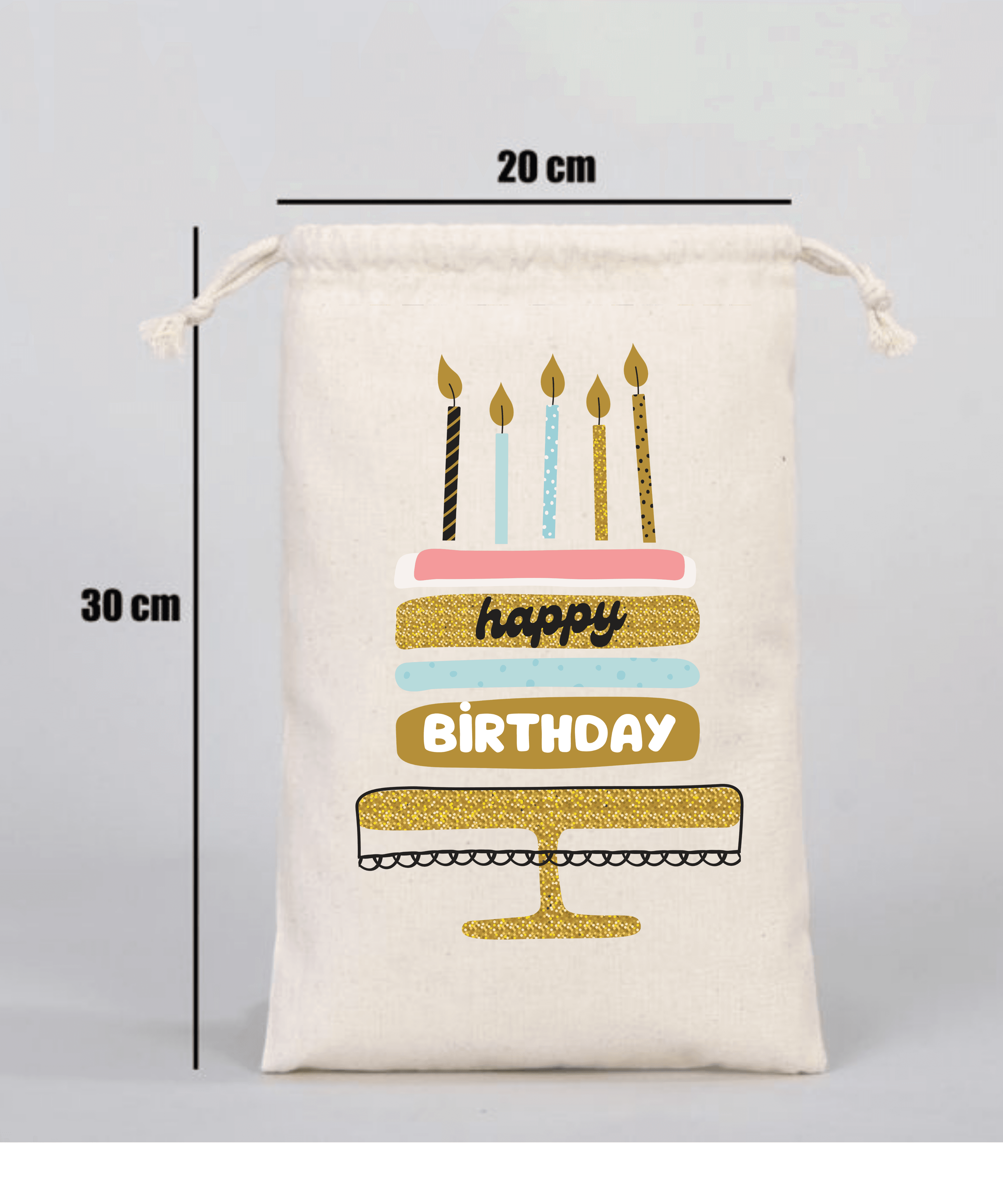 Doğum Günü Pastalı Happy Birthday Yazılı Kalp Motifli Hediyelik Ham Bez Kese (20cmx30cm)