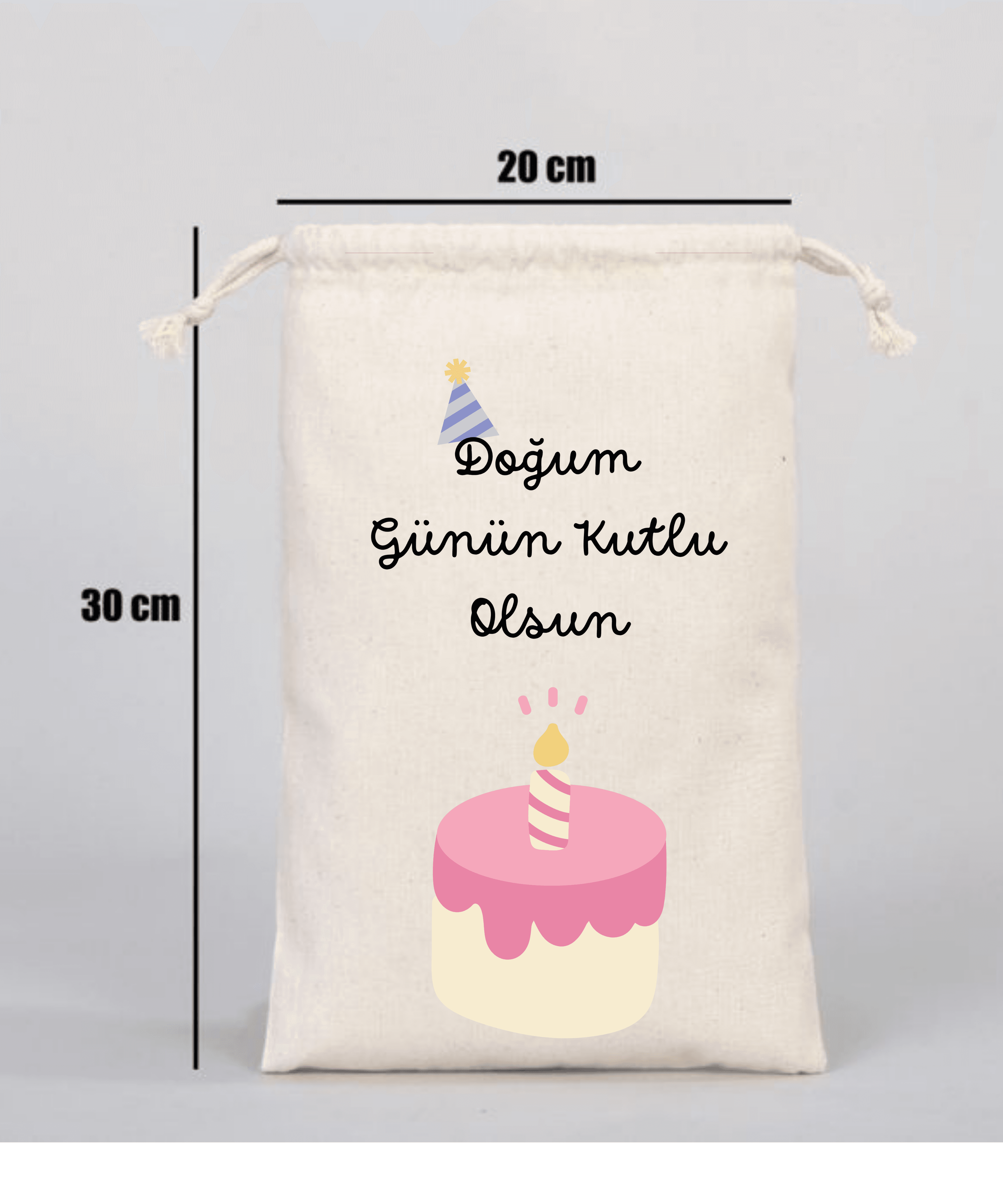 Doğum Günün Kutlu Olsun Yazılı Kalp Motifli Hediyelik Ham Bez Kese (20cmx30cm)