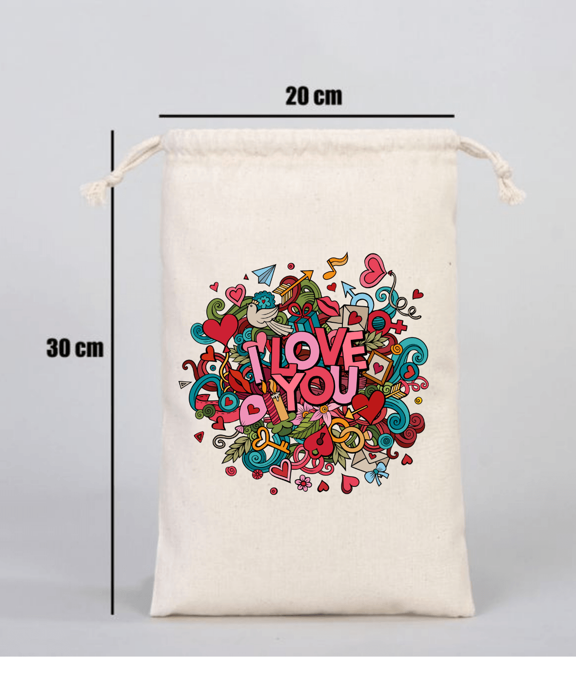 I Love You Yazılı Kalp Motifli Hediyelik Ham Bez Kese (20cmx30cm)