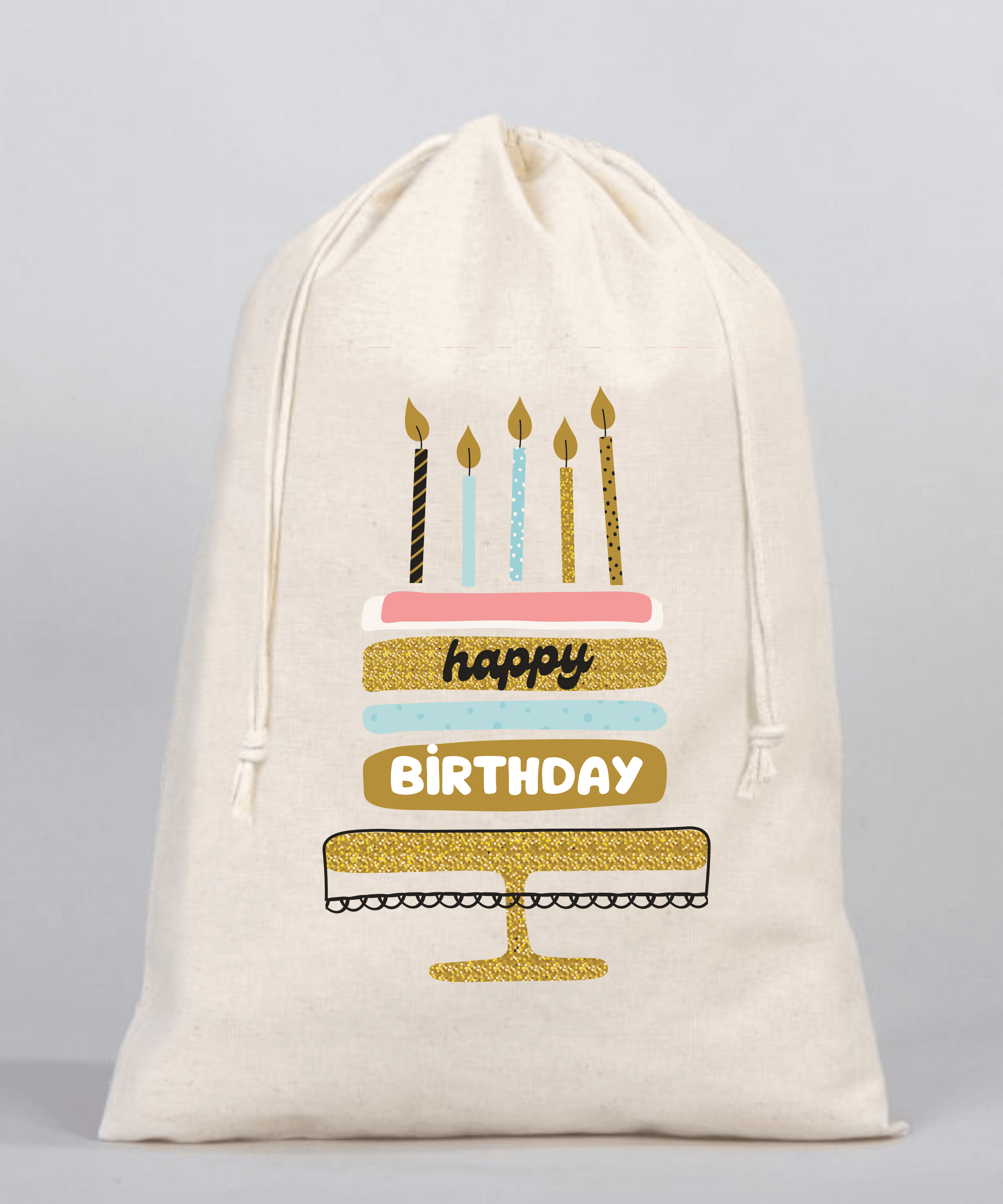 Doğum Günü Pastalı Happy Birthday Yazılı Kalp Motifli Hediyelik Ham Bez Kese (20cmx30cm)