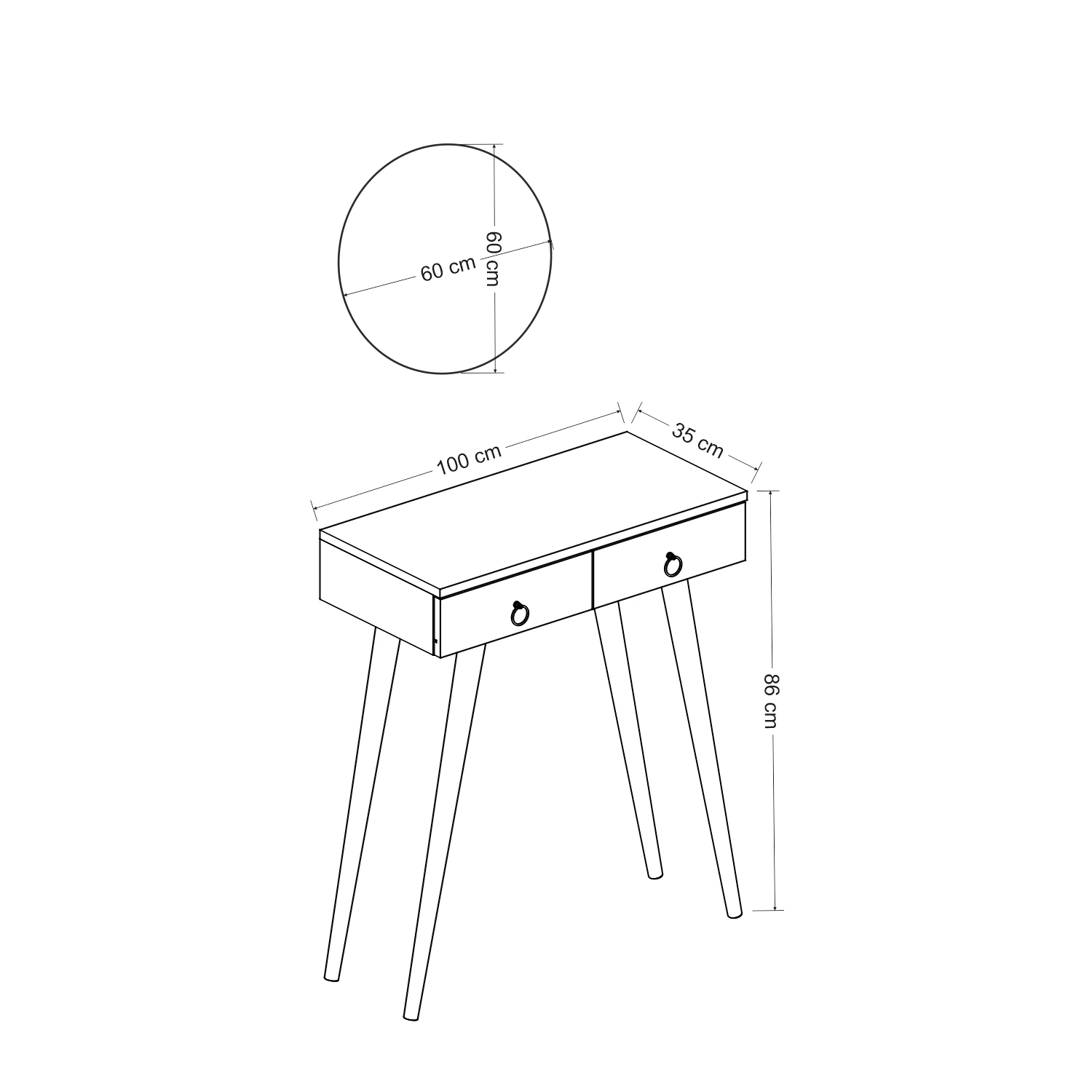 Dekorosso Arden Ahşap Ayaklı Yuvarlak Aynalı Modern Dekoratif Dresuar 100cm