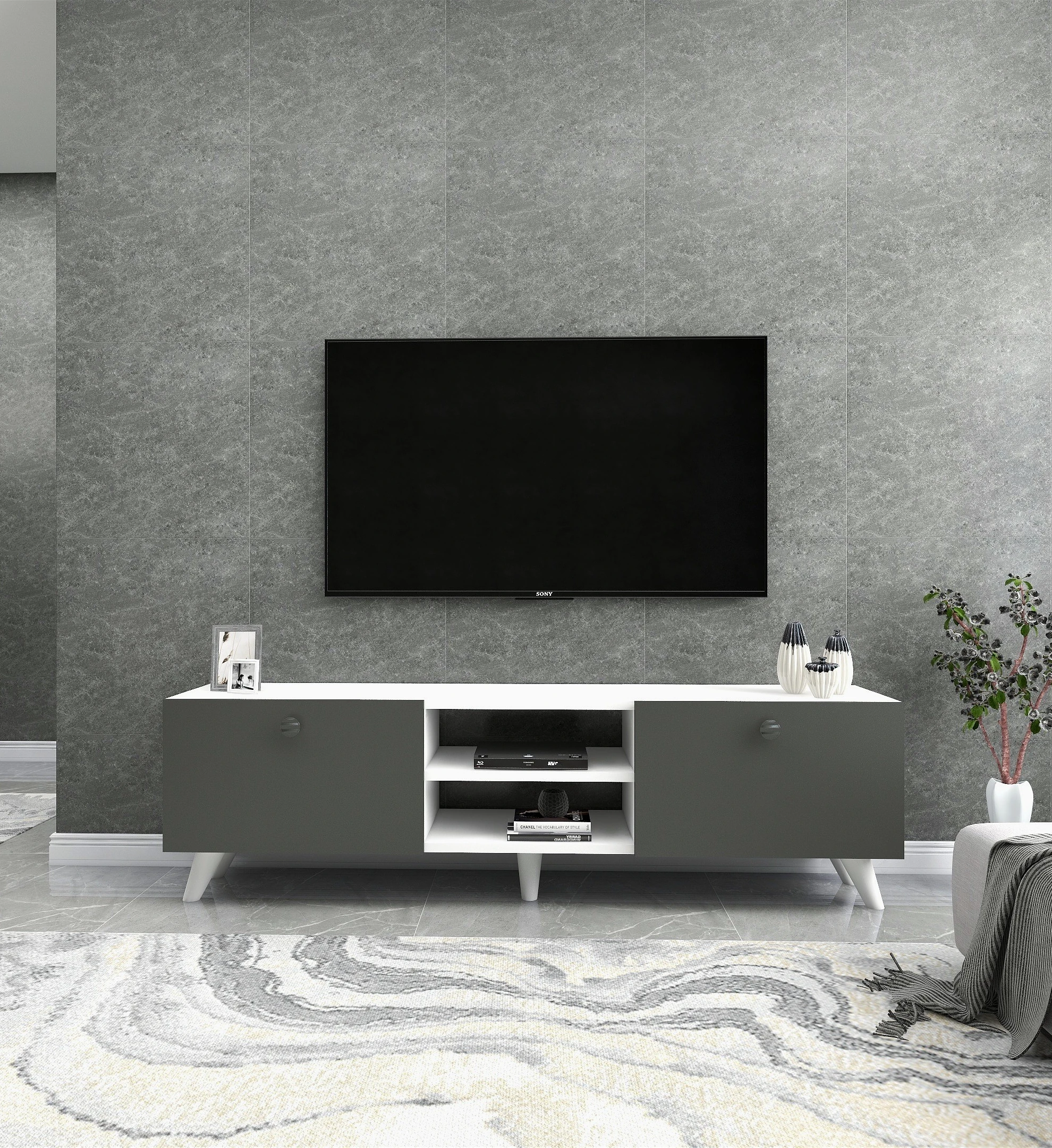 Dekorosso Veco Modern 2 Kapaklı Tv Ünitesi - Beyaz & Antrasit