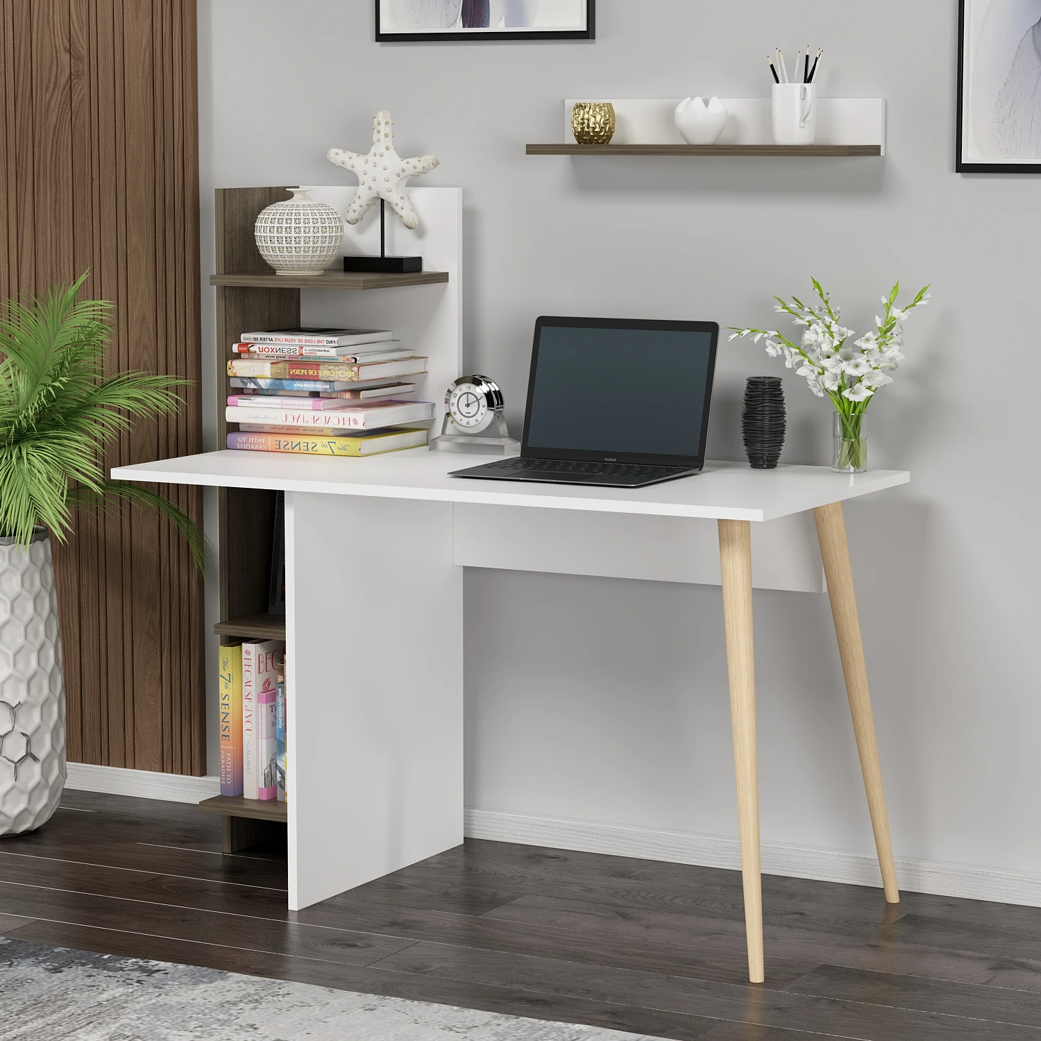 Dekorosso Omar Ahşap Ayaklı Fonksiyonel Çalışma Masası - BEYAZ & CEVİZ