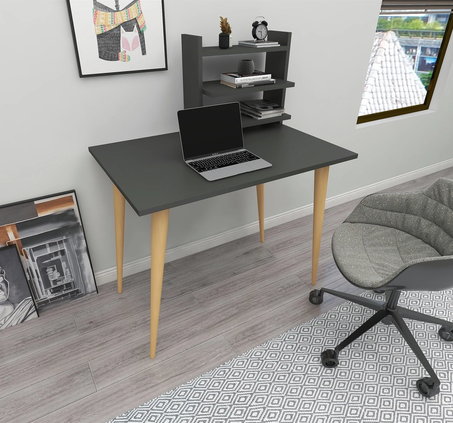 Dekorosso Pub Ahşap Ayaklı Raflı Çalışma Masası Yemek Masası