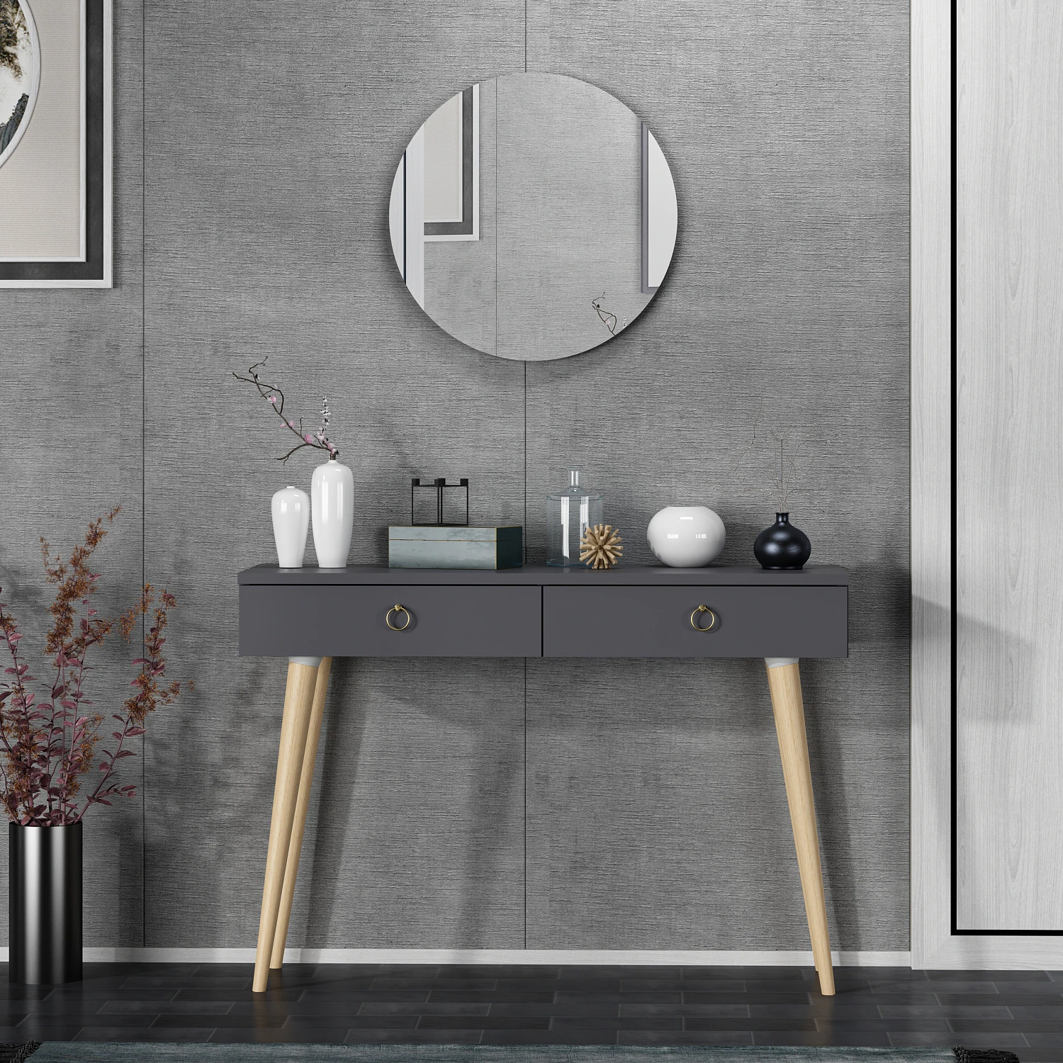 Dekorosso Arden Ahşap Ayaklı Yuvarlak Aynalı Modern Dekoratif Dresuar 100cm - ANTRASİT