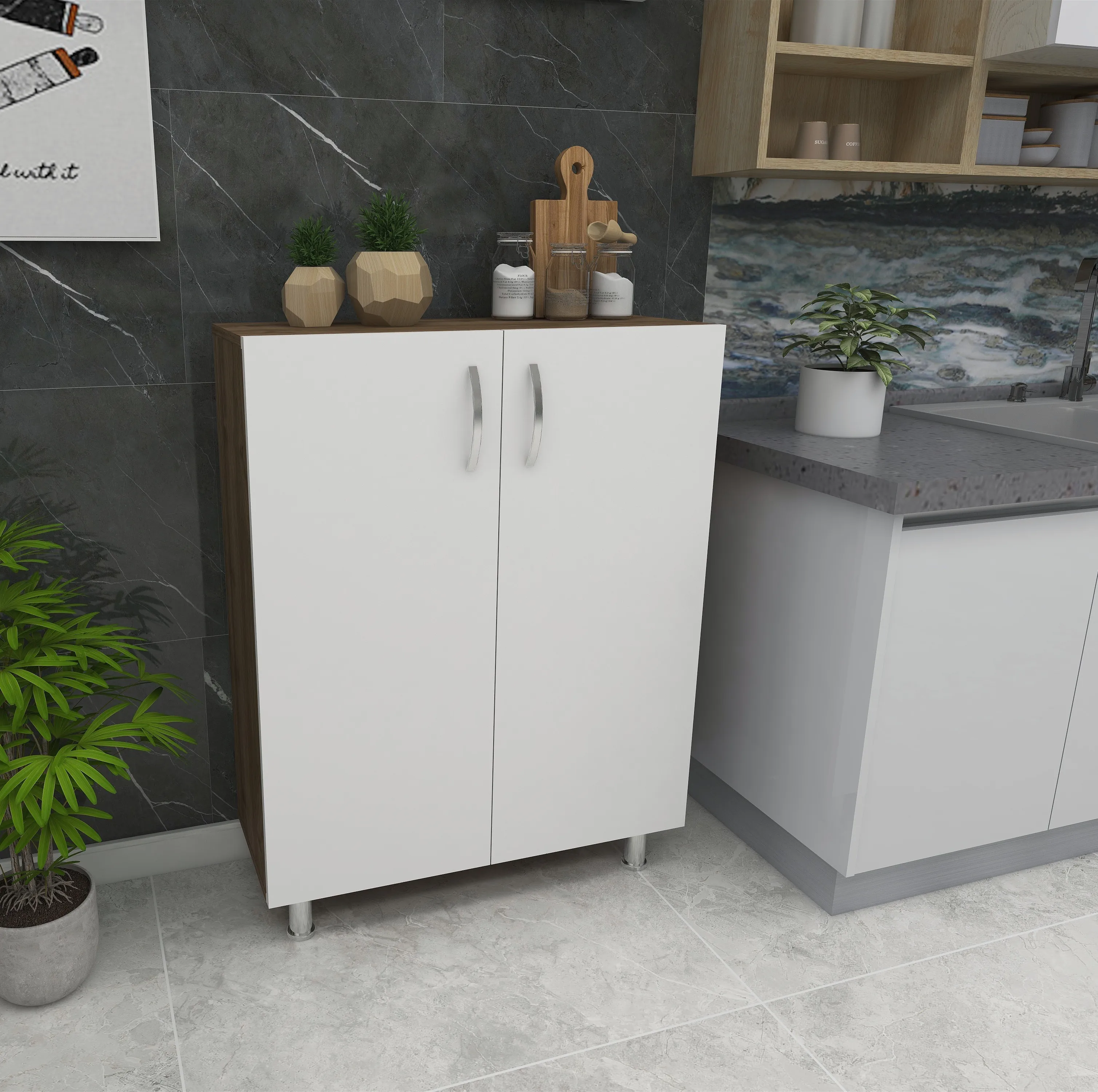 Dekorosso Just Çok Amaçlı Dolap Mutfak Dolabı Kiler Dolabı - CEVİZ-BEYAZ