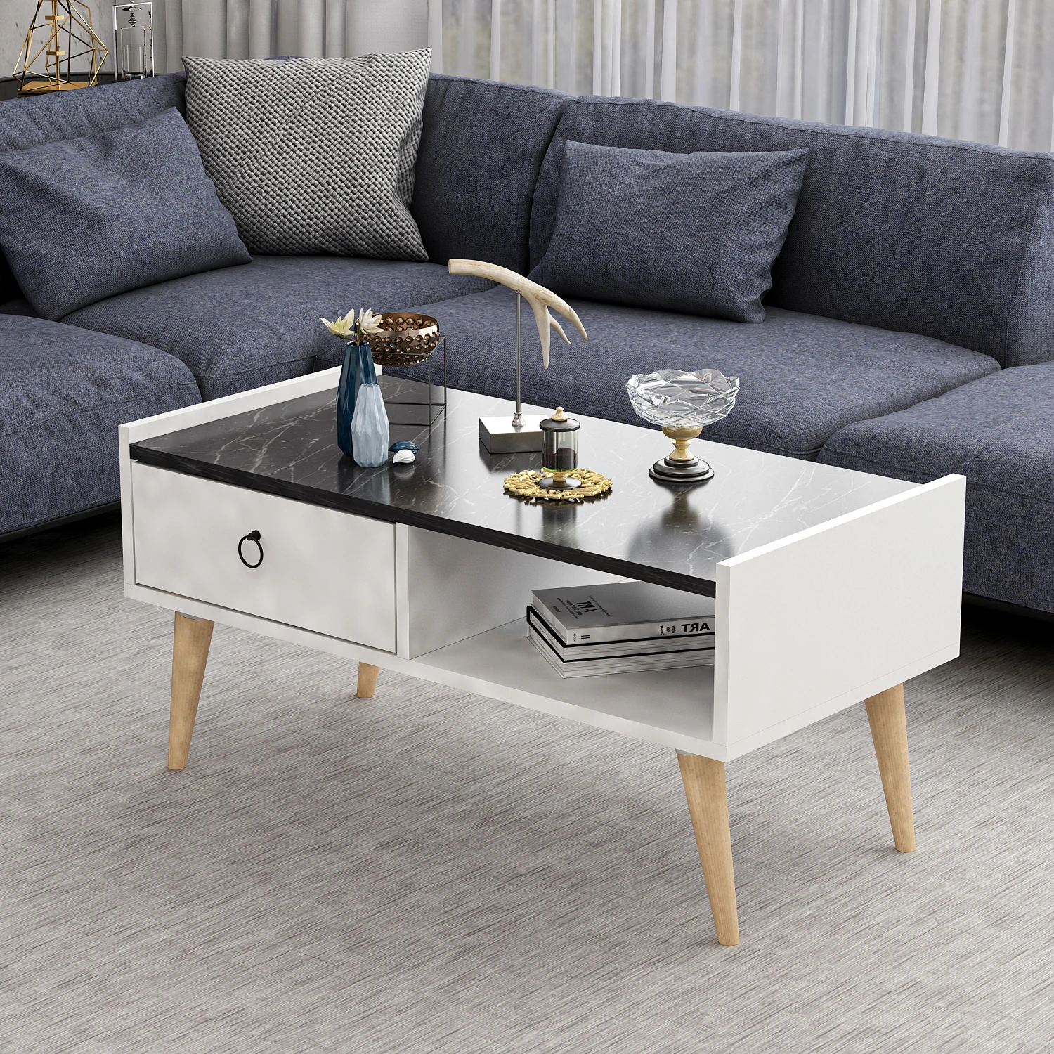 Dekorosso Lupin Çekmeceli Ahşap Ayaklı Orta Sehpa - Beyaz & Siyah Mermer Desen (Bendir)