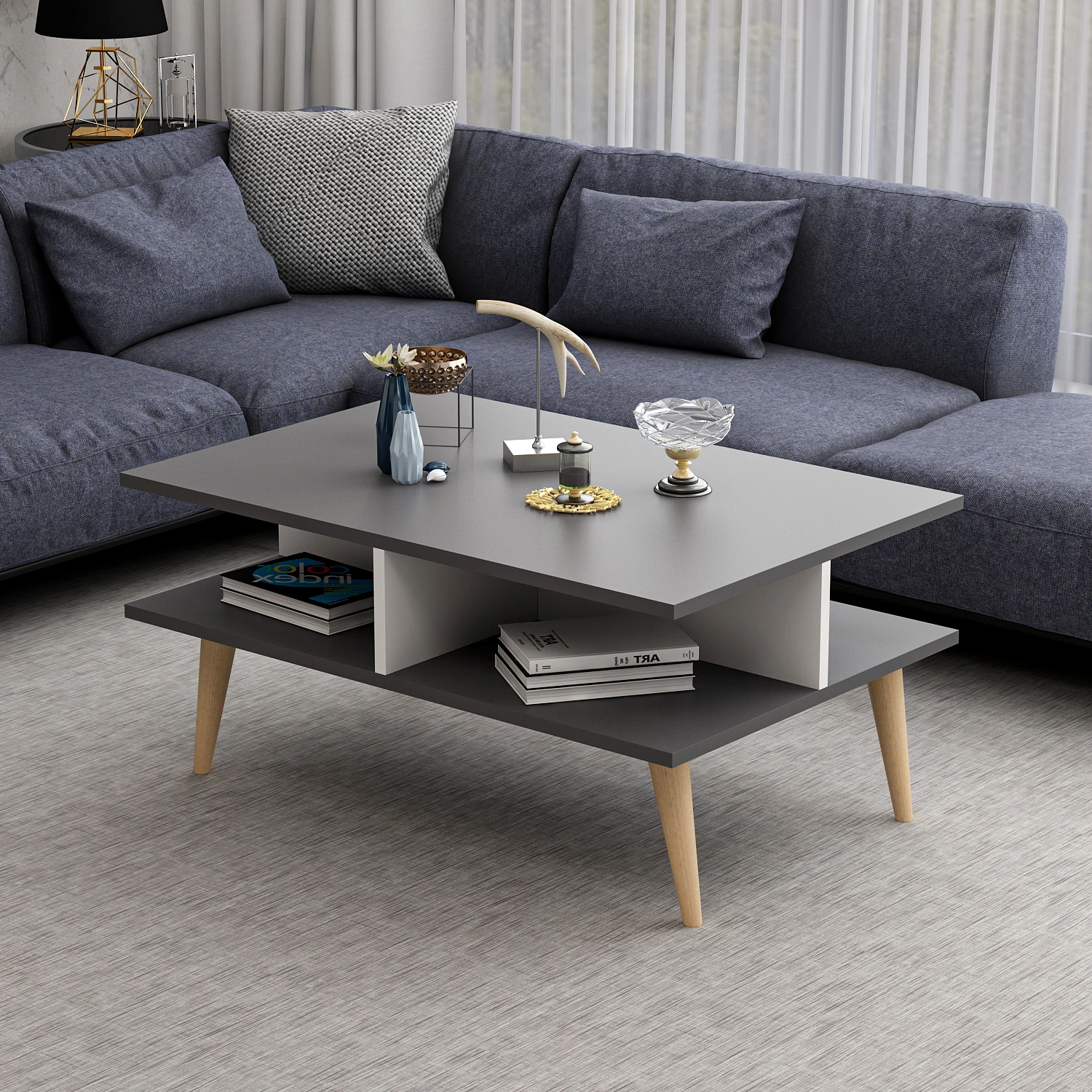 Dekorosso Poloo Ahşap Ayaklı Modern Dekoratif Orta Sehpa 90Cm - BEYAZ-ANTRASİT