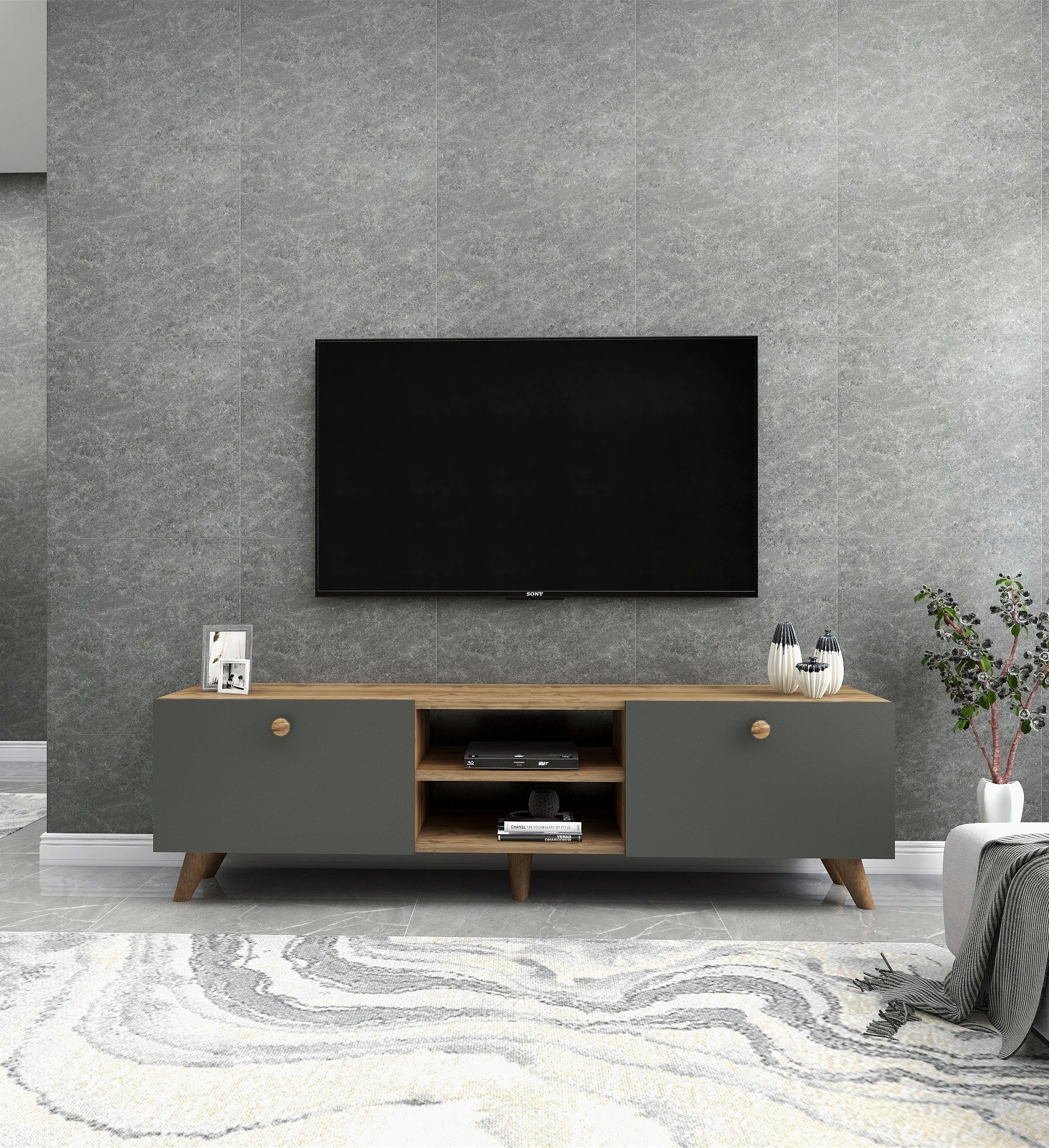 Dekorosso Veco Modern 2 Kapaklı Tv Ünitesi - CEVİZ-ANTRASİT