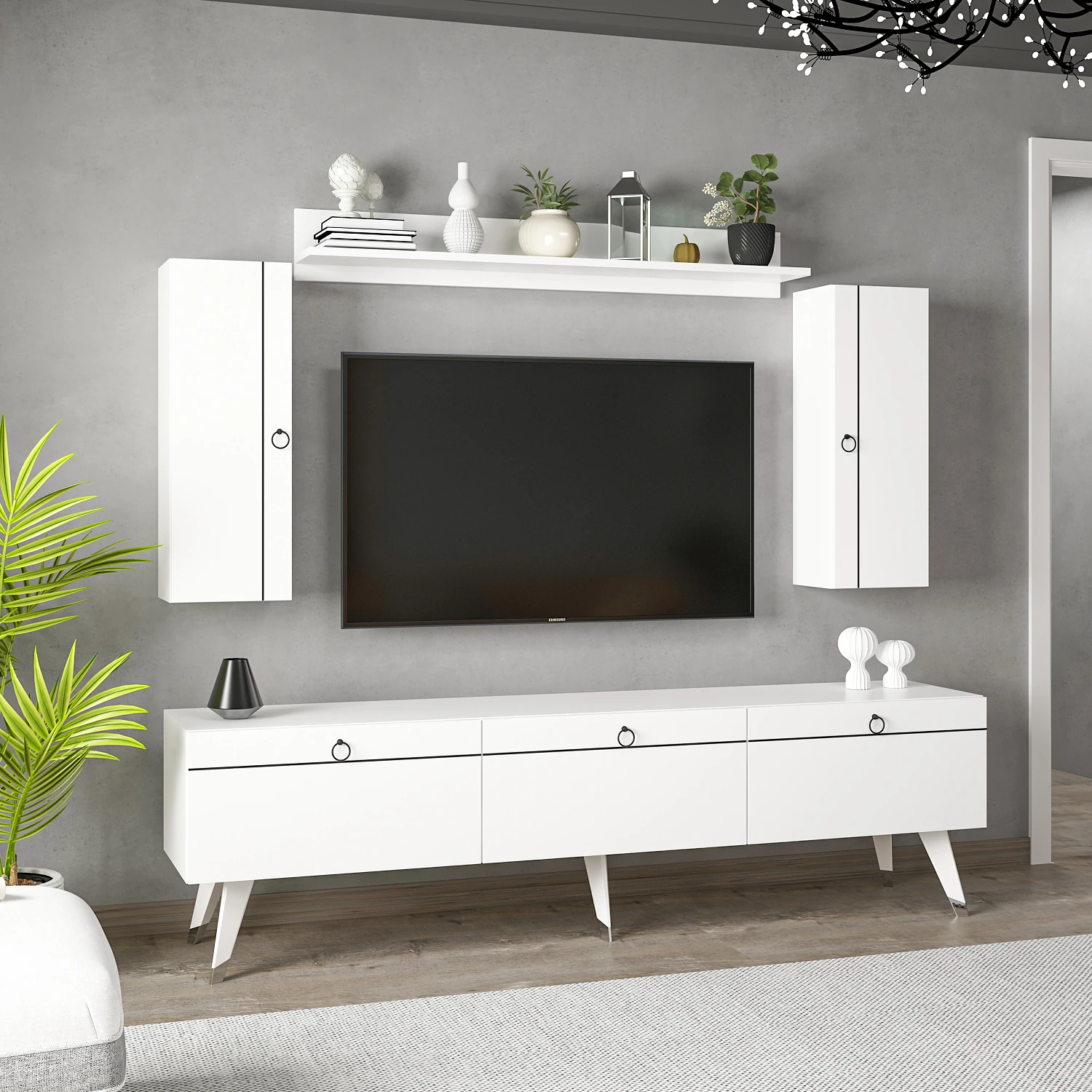 Dekorosso Andora Modern Tv Ünitesi Kitaplıklı Dolaplı Tv Sehpası - BEYAZ