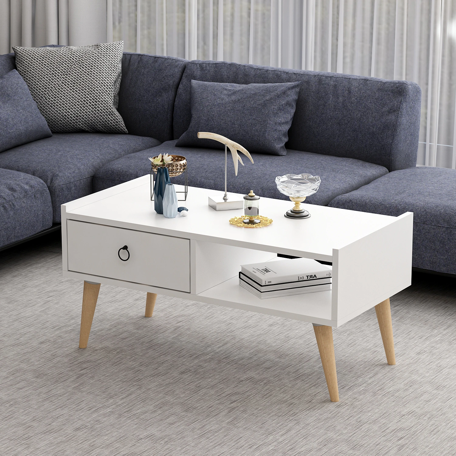 Dekorosso Lupin Çekmeceli Ahşap Ayaklı Orta Sehpa