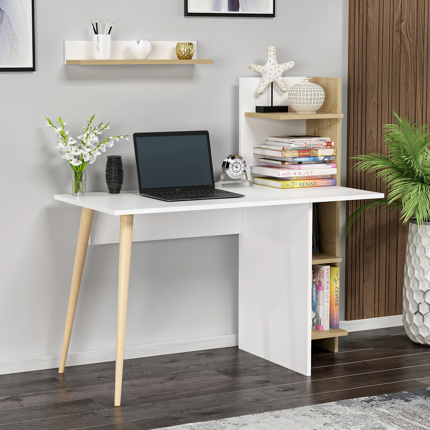 Dekorosso Omar Ahşap Ayaklı Fonksiyonel Çalışma Masası - Beyaz & Safir Meşe