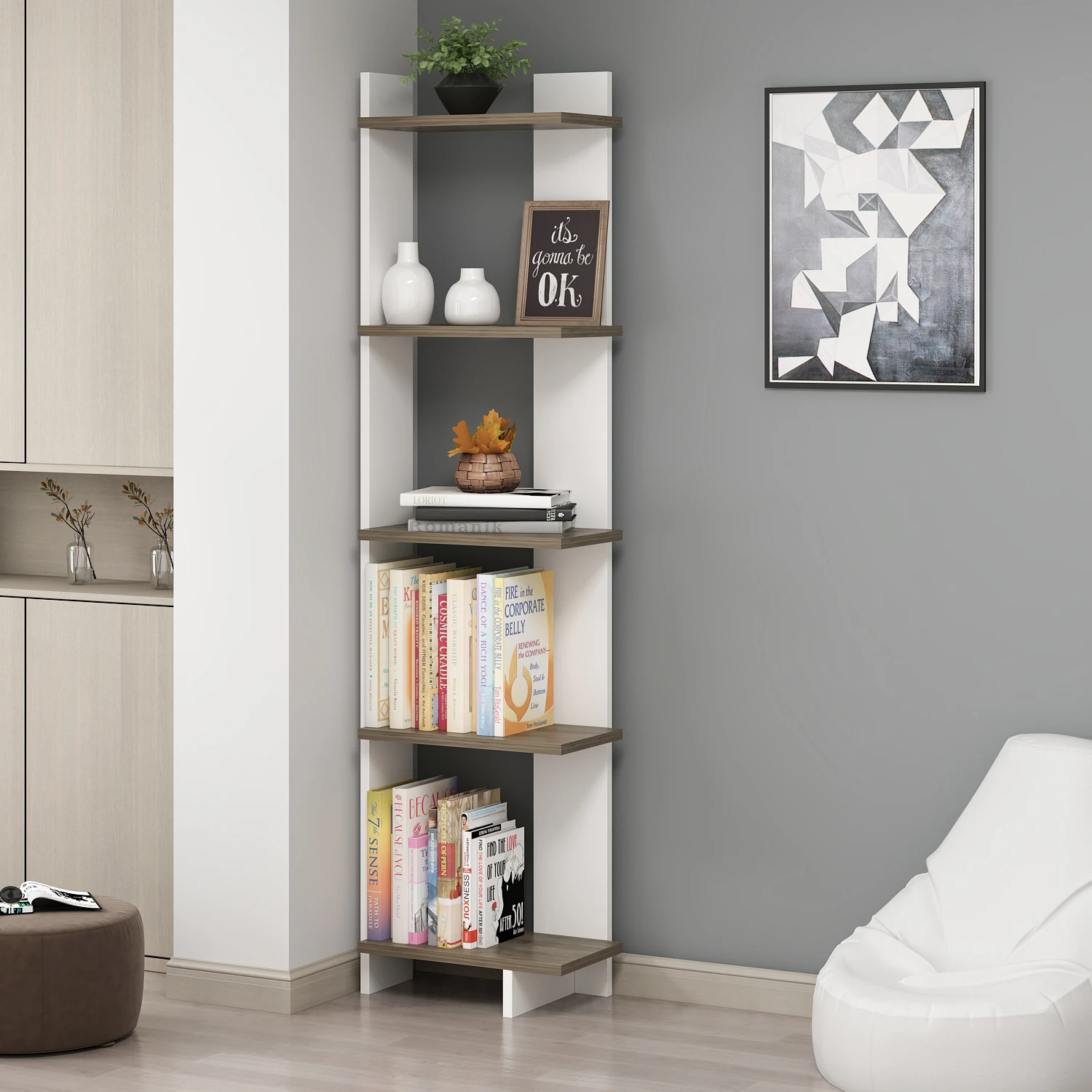 Unika Modern Dekoratif Köşe Kitaplık - BEYAZ-CEVİZ