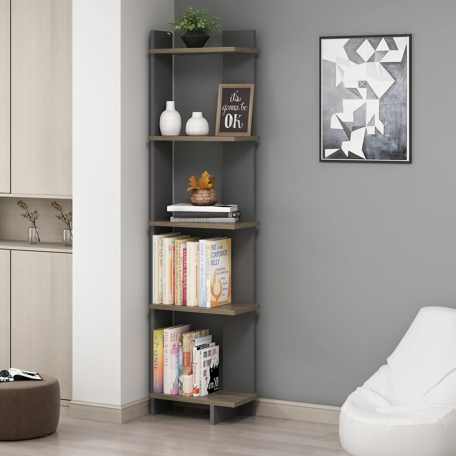 Unika Modern Dekoratif Köşe Kitaplık - Antrasit-Ceviz