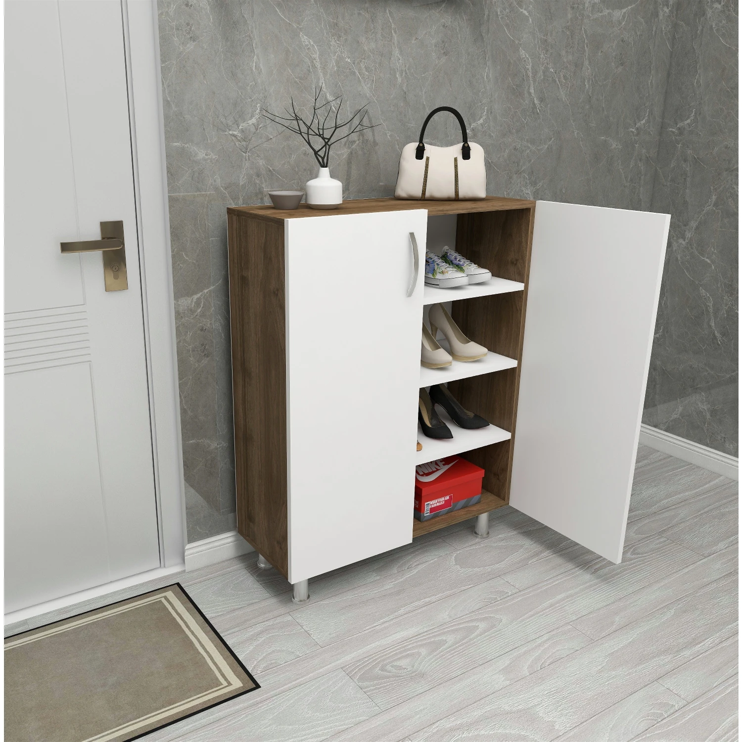 Dekorosso Just Çok Amaçlı Dolap Ayakkabılık - BEYAZ-CEVİZ