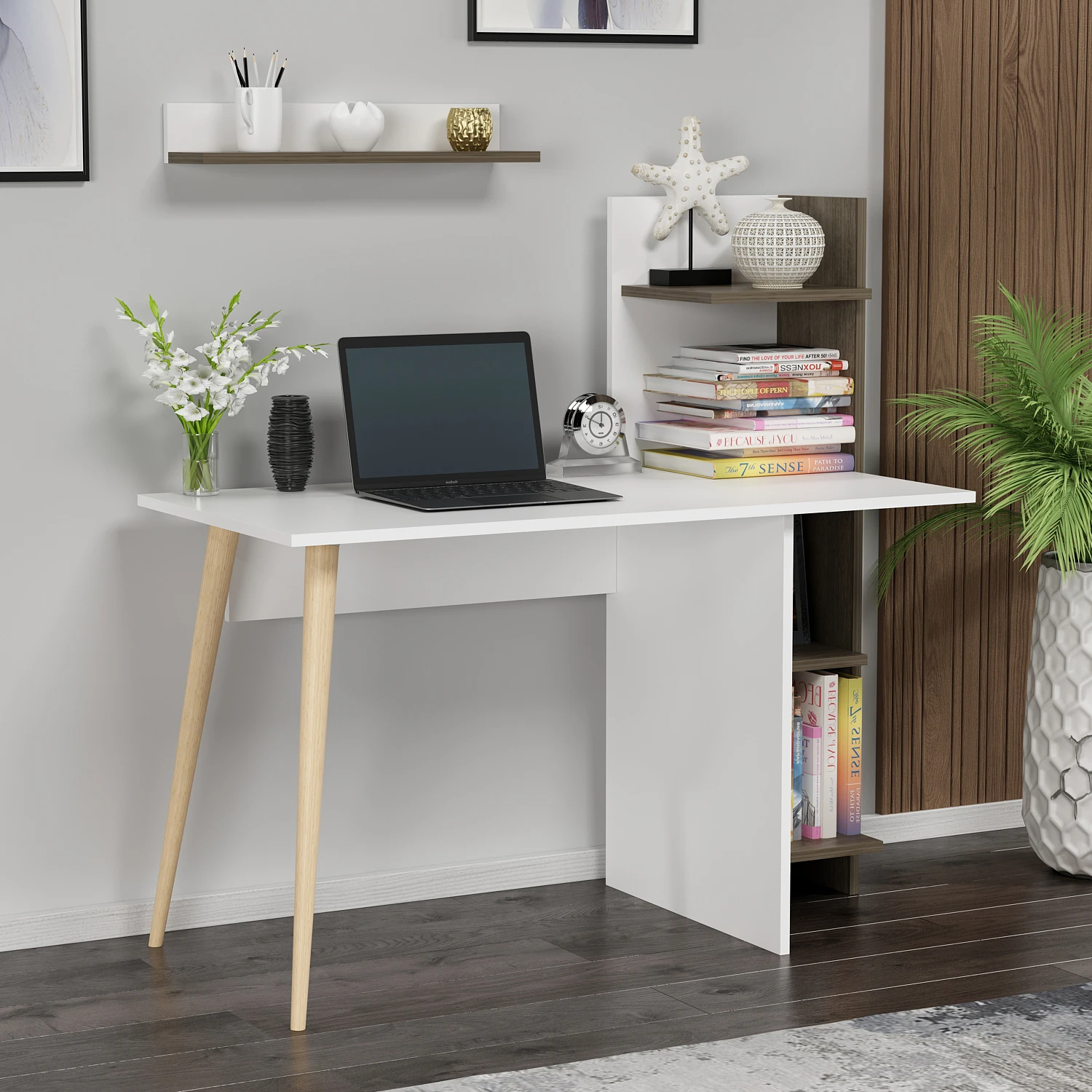 Dekorosso Omar Ahşap Ayaklı Fonksiyonel Çalışma Masası - BEYAZ & CEVİZ