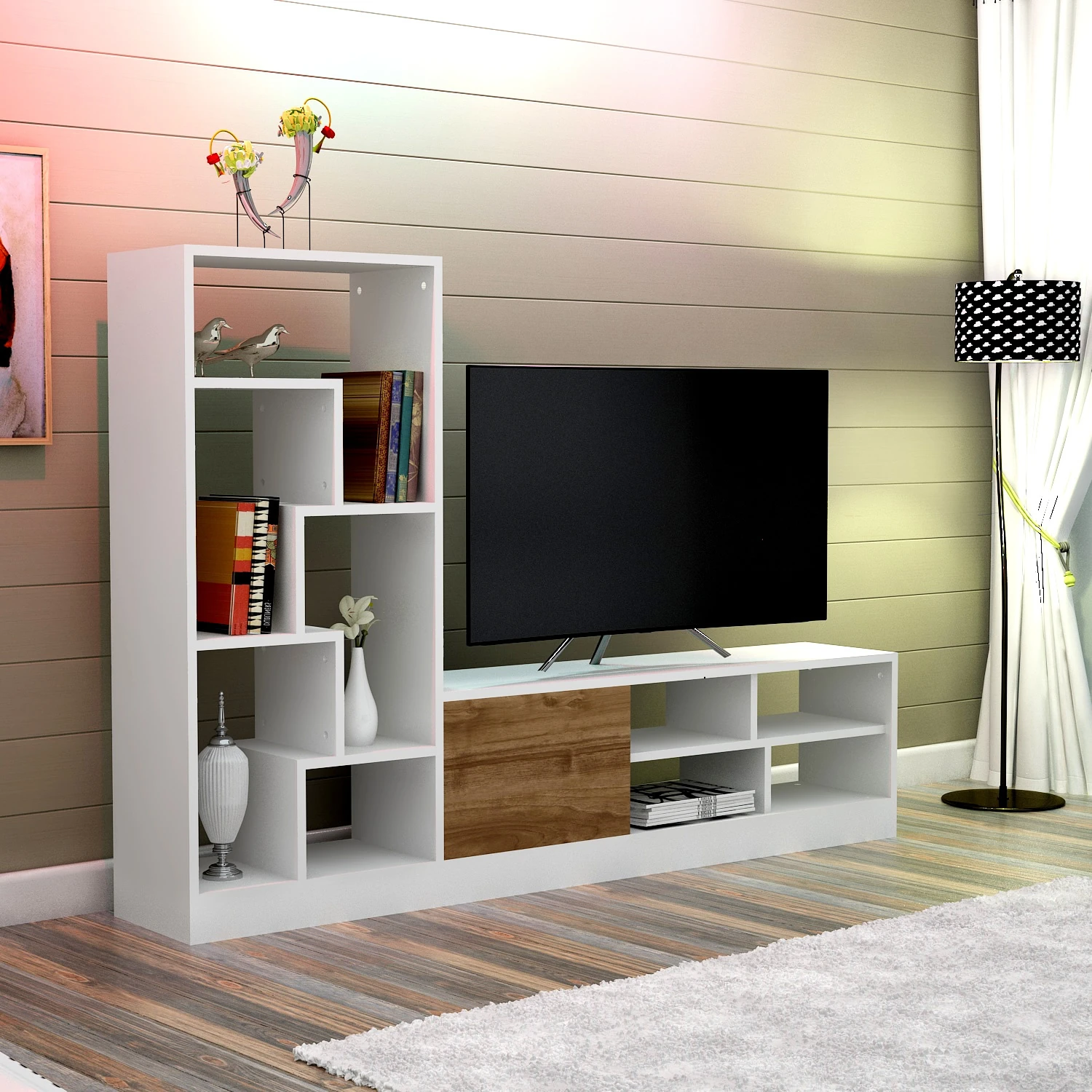 Dekorosso Lord Dolaplı Raflı Tv Ünitesi - BEYAZ-CEVİZ