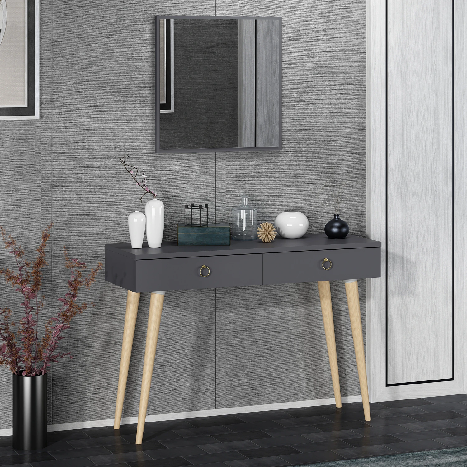 Dekorosso Arden Ahşap Ayaklı Kare Aynalı Modern Dekoratif Dresuar 100Cm