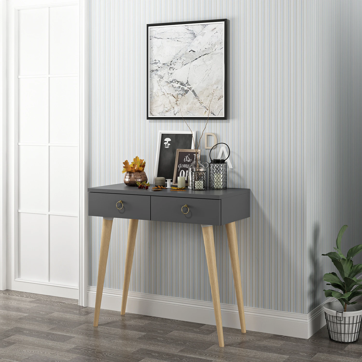 Dekorosso Arden Ahşap Ayaklı Modern Dekoratif Dresuar - ANTRASİT