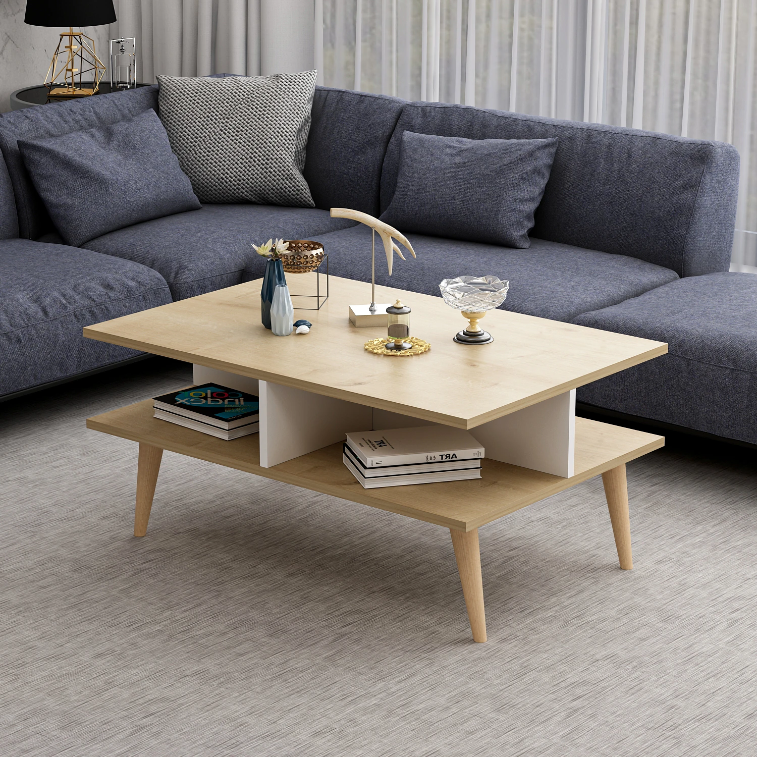 Dekorosso Poloo Ahşap Ayaklı Modern Dekoratif Orta Sehpa 90Cm - Beyaz-Safir Meşe