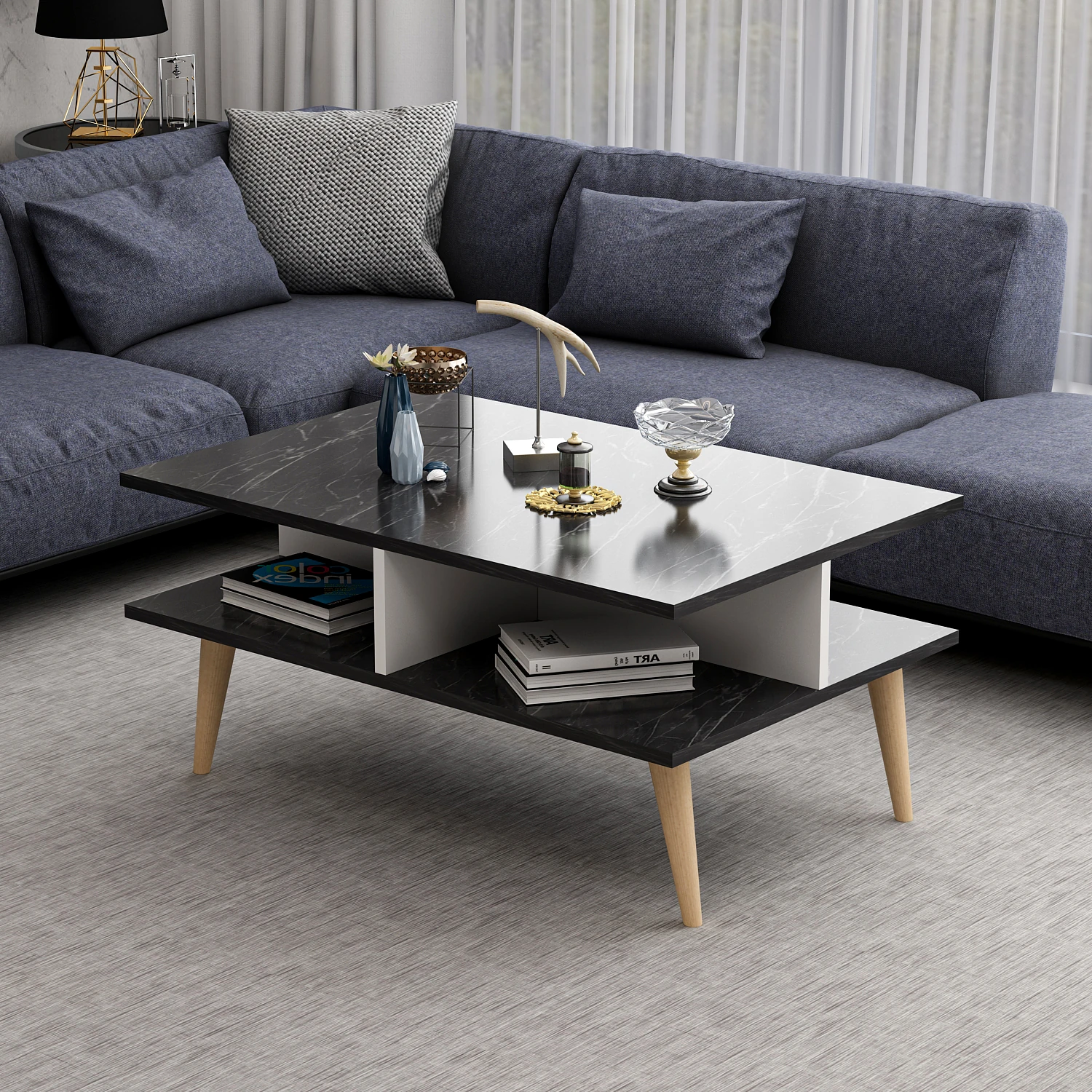 Dekorosso Poloo Ahşap Ayaklı Modern Dekoratif Orta Sehpa 90Cm - Beyaz- Siyah Mermer Desen (Bendir)