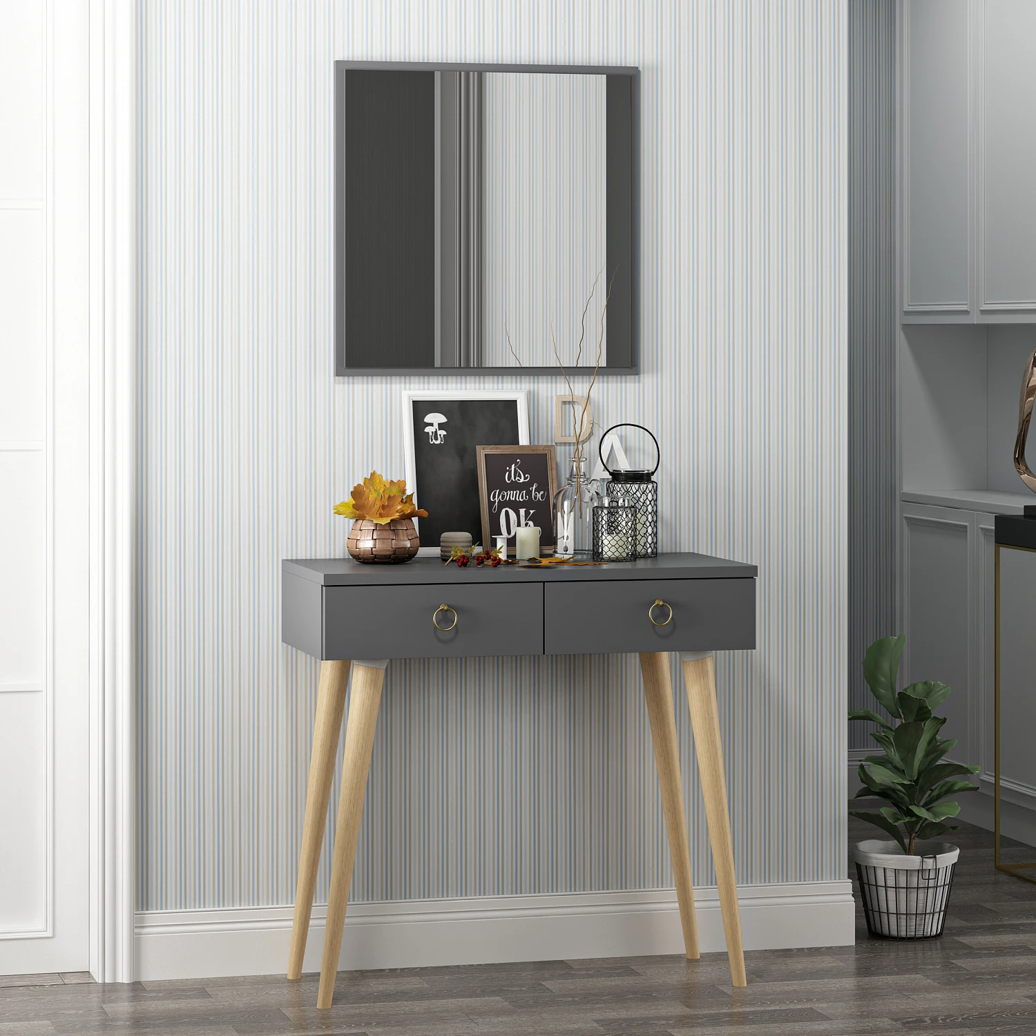 Dekorosso Arden Ahşap Ayaklı Aynalı Modern Dekoratif Dresuar - ANTRASİT