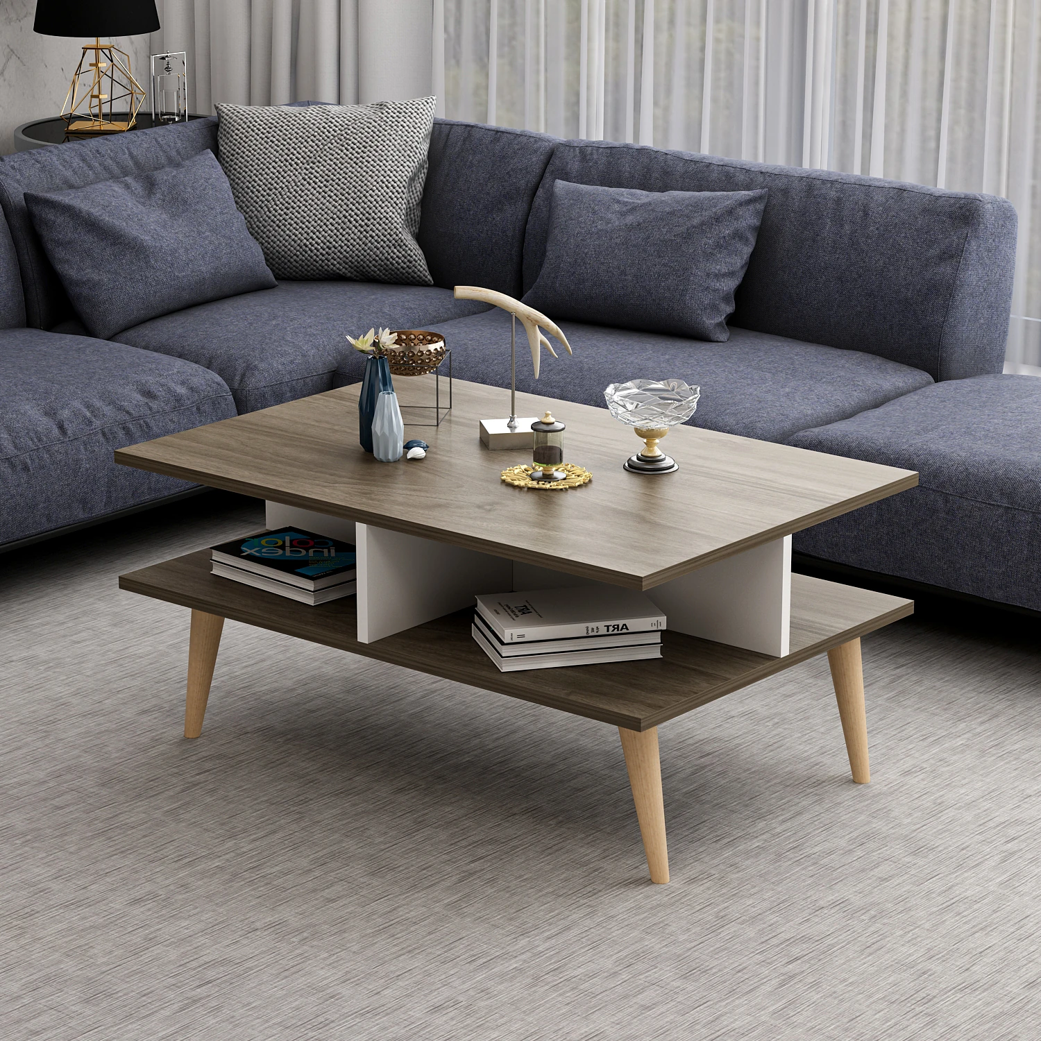 Dekorosso Poloo Ahşap Ayaklı Modern Dekoratif Orta Sehpa 90Cm - BEYAZ-CEVİZ