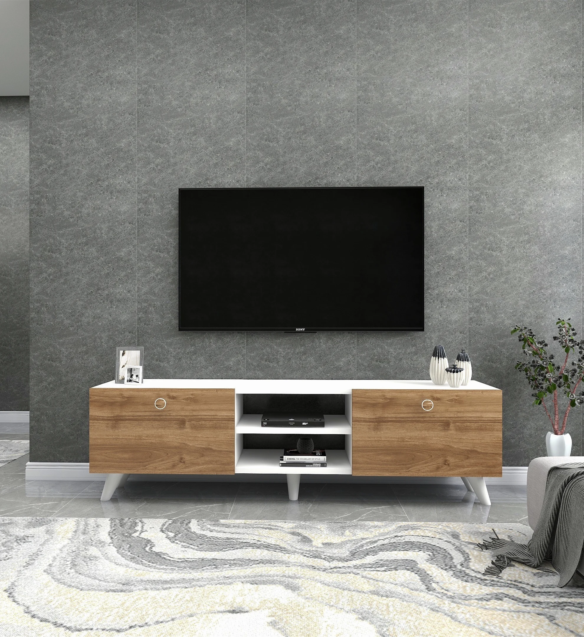 Dekorosso Veco Modern 2 Kapaklı Tv Ünitesi - BEYAZ-CEVİZ