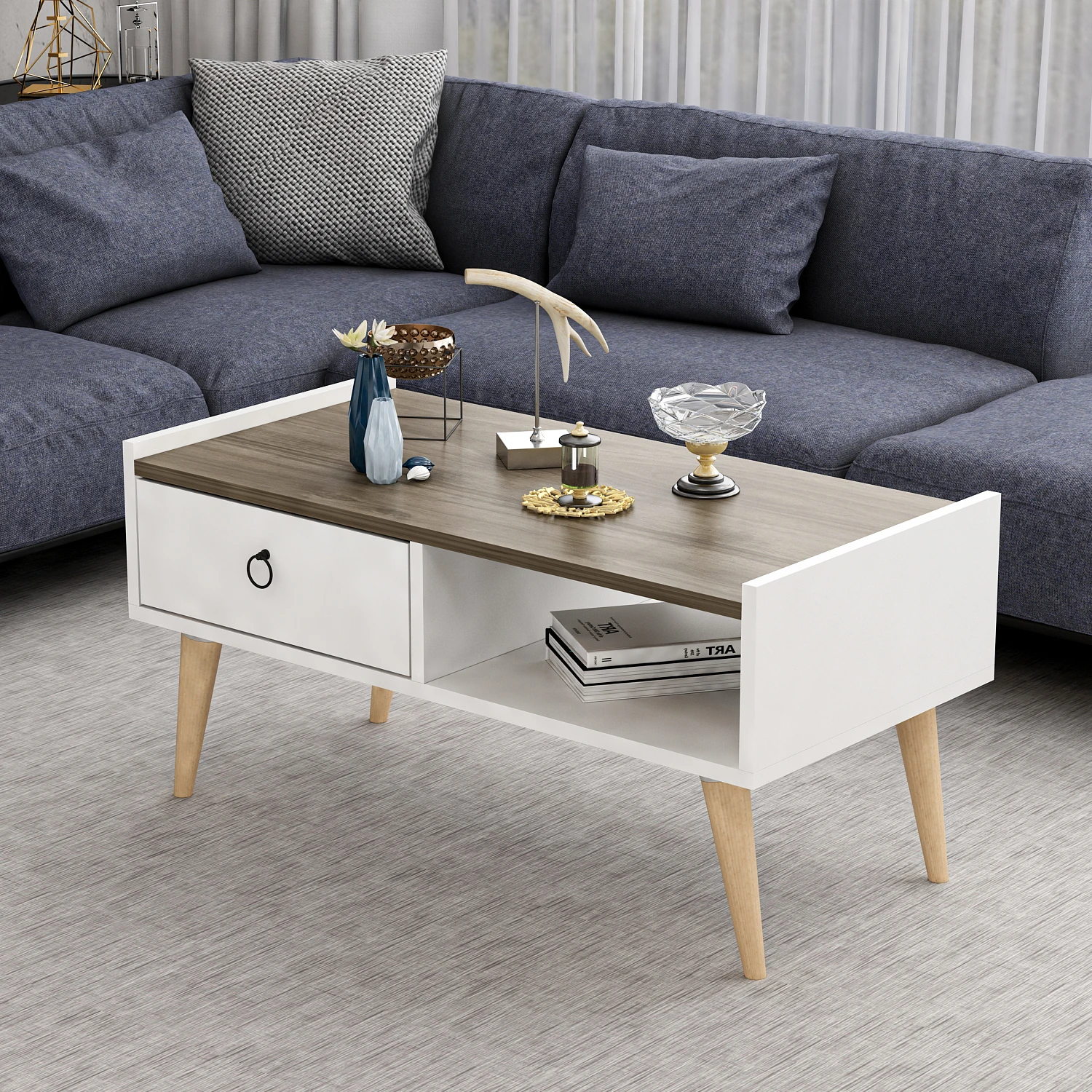 Dekorosso Lupin Çekmeceli Ahşap Ayaklı Orta Sehpa - BEYAZ-CEVİZ