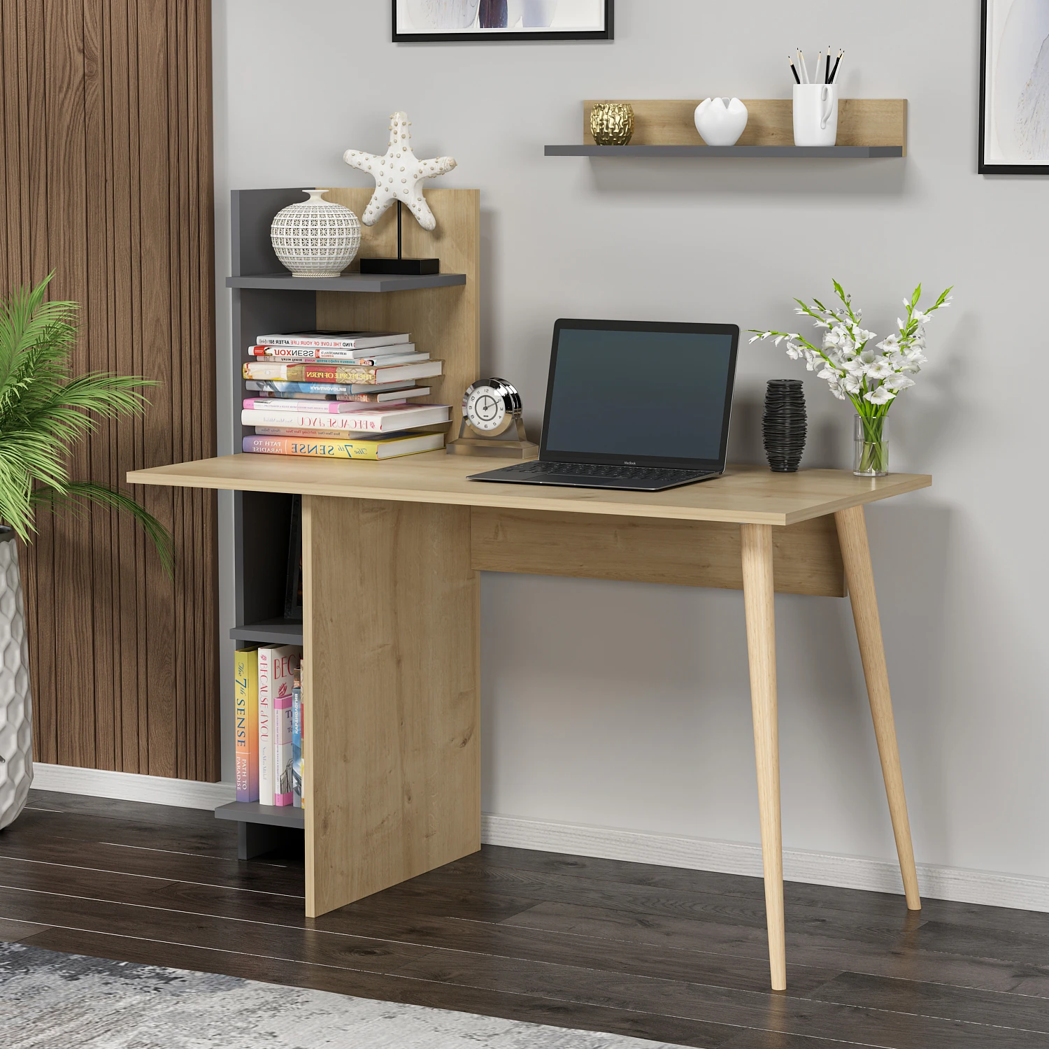 Dekorosso Omar Ahşap Ayaklı Fonksiyonel Çalışma Masası - Safir Meşe & Antrasit