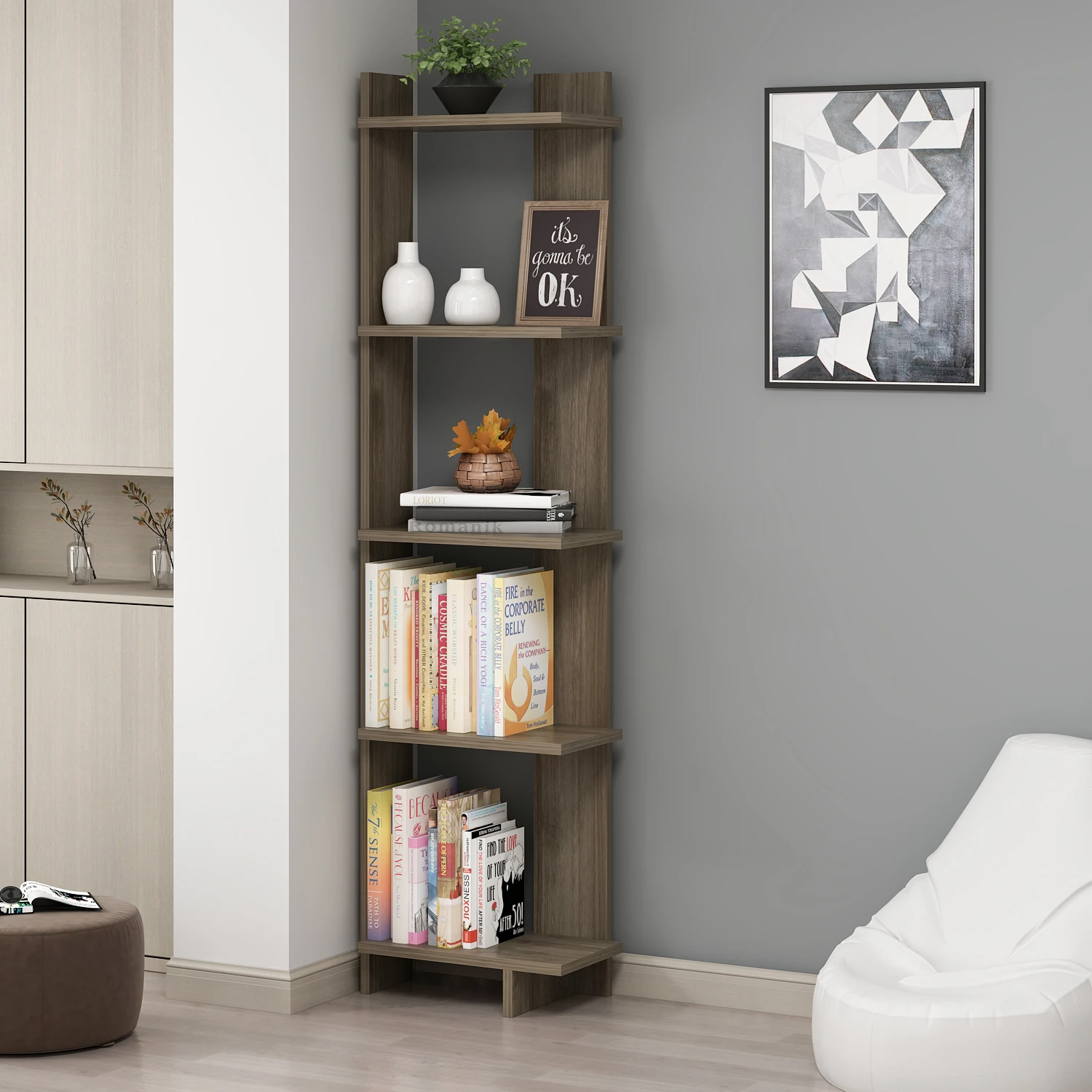 Unika Modern Dekoratif Köşe Kitaplık - CEVİZ