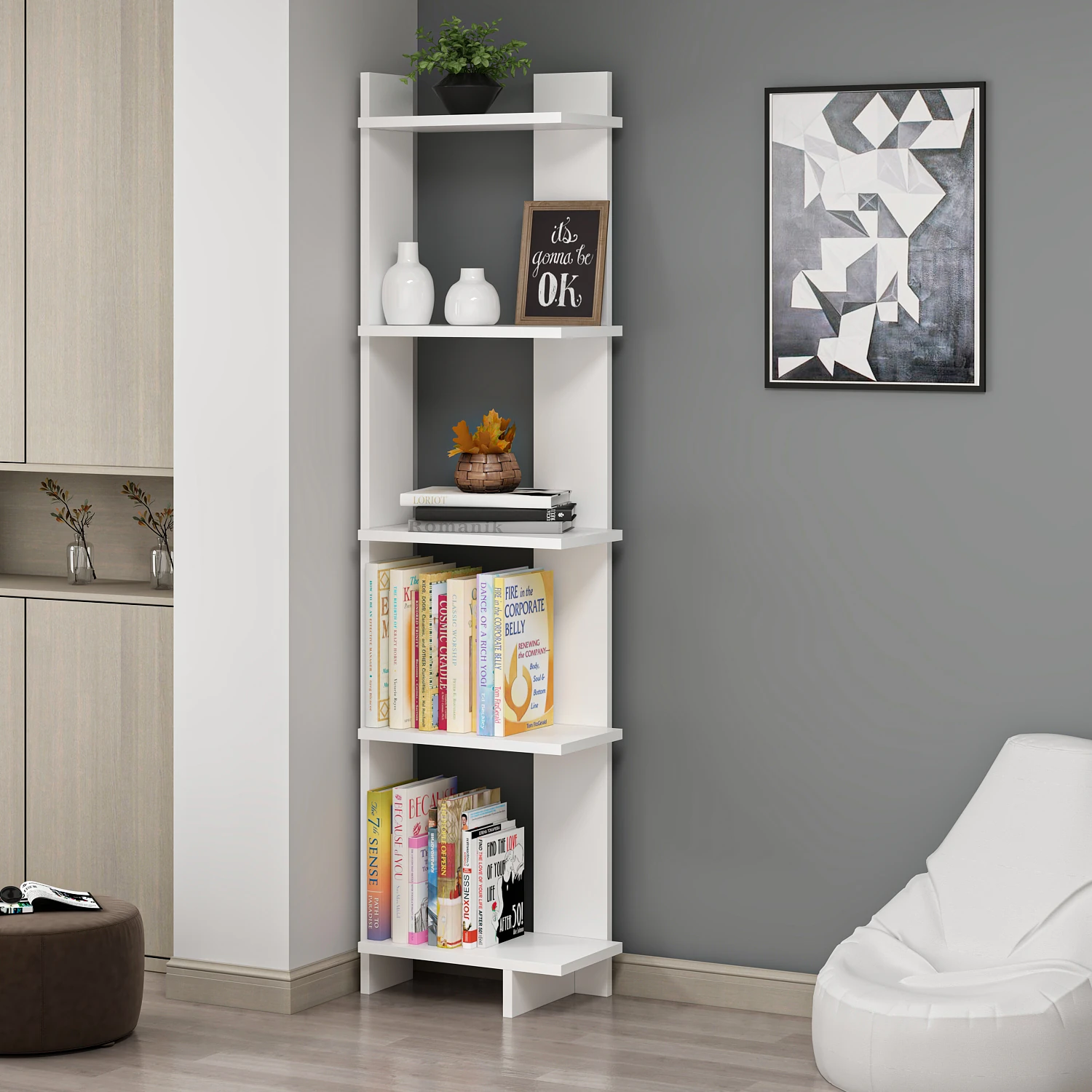 Unika Modern Dekoratif Köşe Kitaplık - BEYAZ