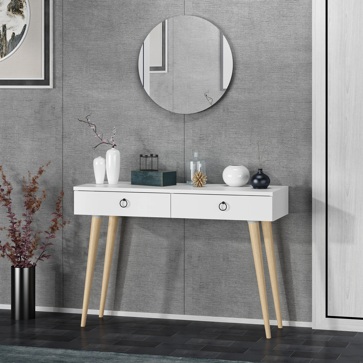 Dekorosso Arden Ahşap Ayaklı Yuvarlak Aynalı Modern Dekoratif Dresuar 100cm - BEYAZ